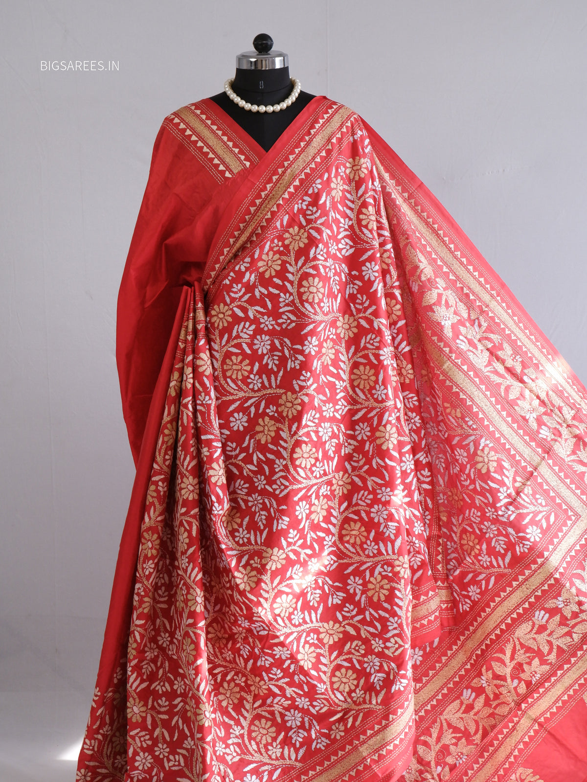 Kantha - Stitch Hand Embroidered Saree | Pure Bangalore Silk | Silk Mark Certified | Red
