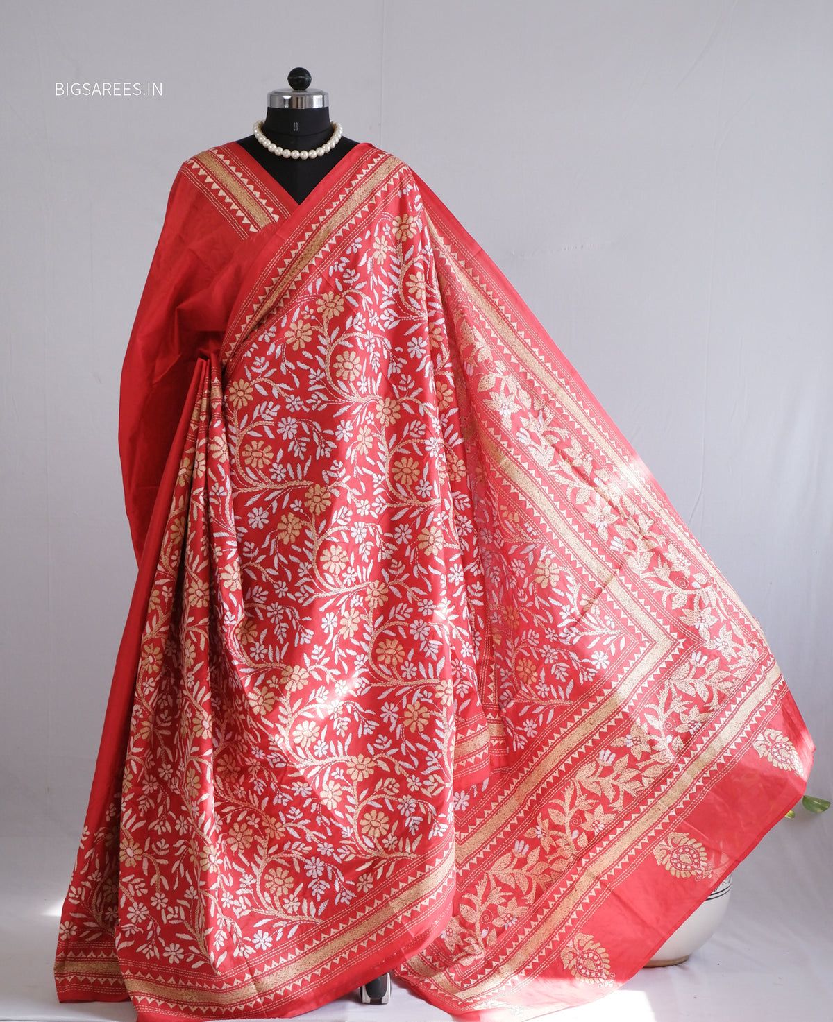 Kantha - Stitch Hand Embroidered Saree | Pure Bangalore Silk | Silk Mark Certified | Red