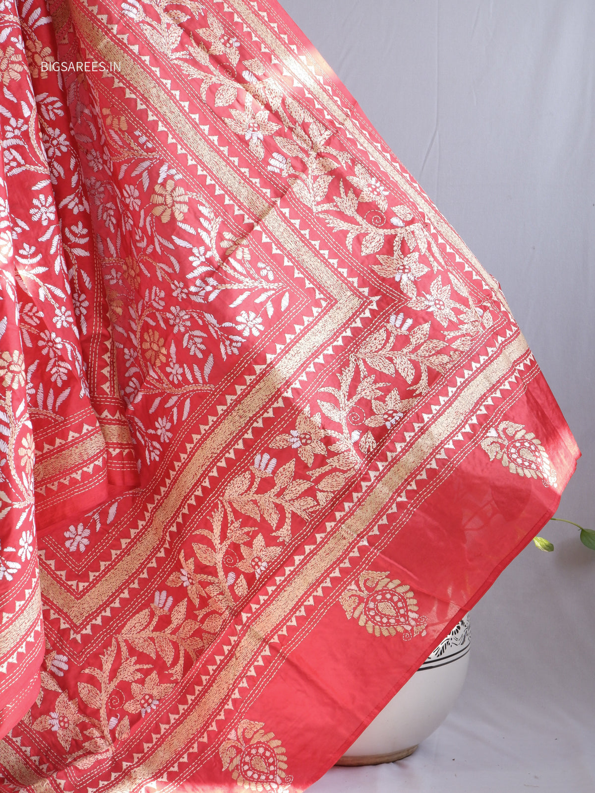 Kantha - Stitch Hand Embroidered Saree | Pure Bangalore Silk | Silk Mark Certified | Red