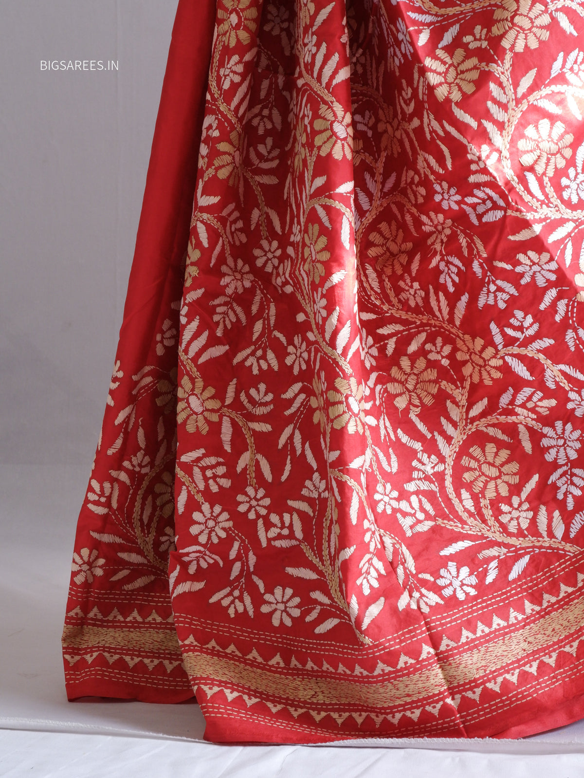 Kantha - Stitch Hand Embroidered Saree | Pure Bangalore Silk | Silk Mark Certified | Red