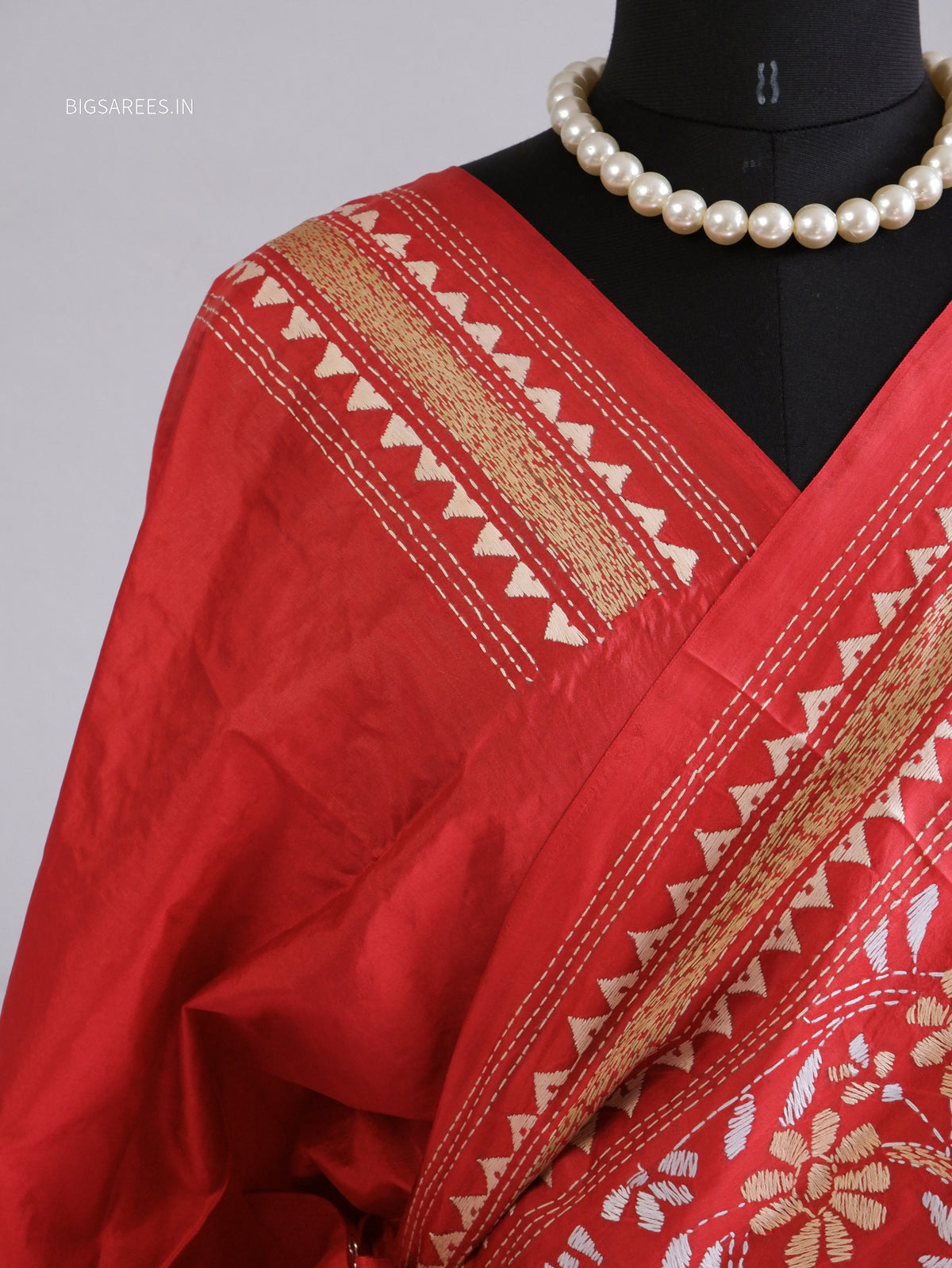 Kantha - Stitch Hand Embroidered Saree | Pure Bangalore Silk | Silk Mark Certified | Red