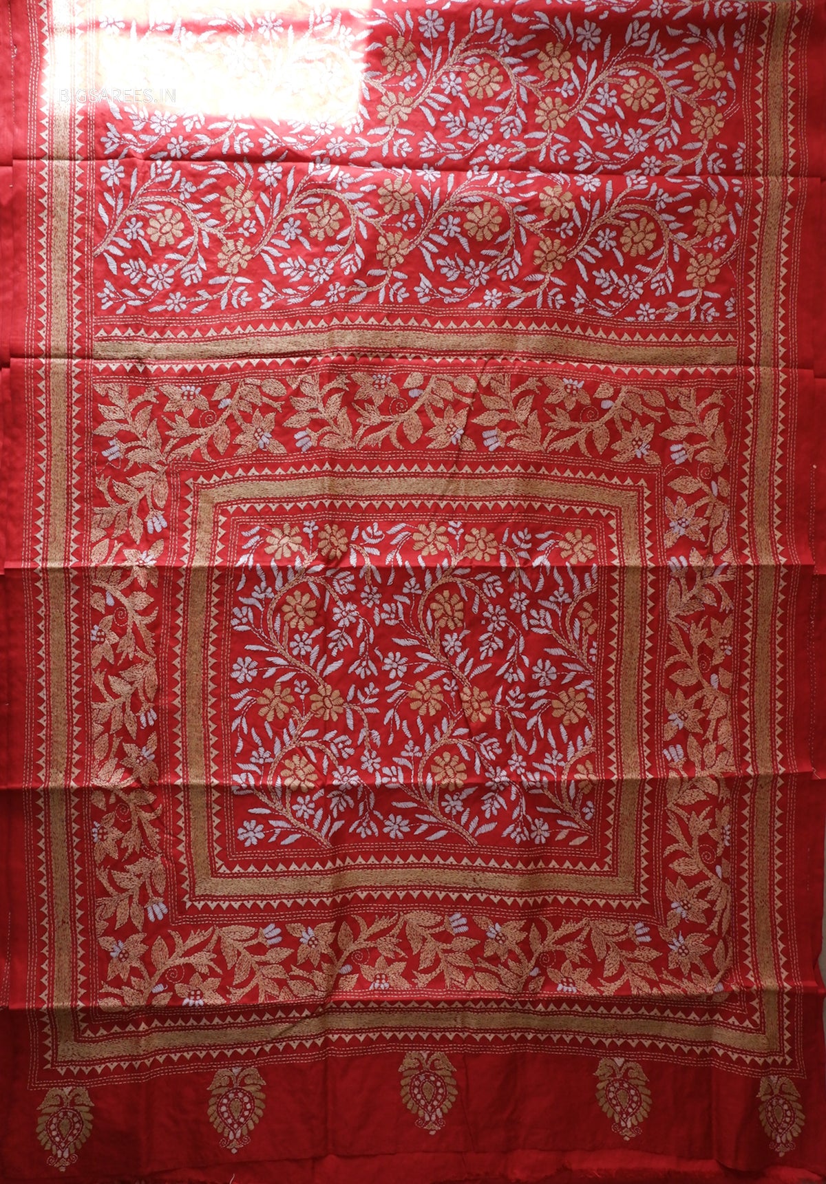 Kantha - Stitch Hand Embroidered Saree | Pure Bangalore Silk | Silk Mark Certified | Red