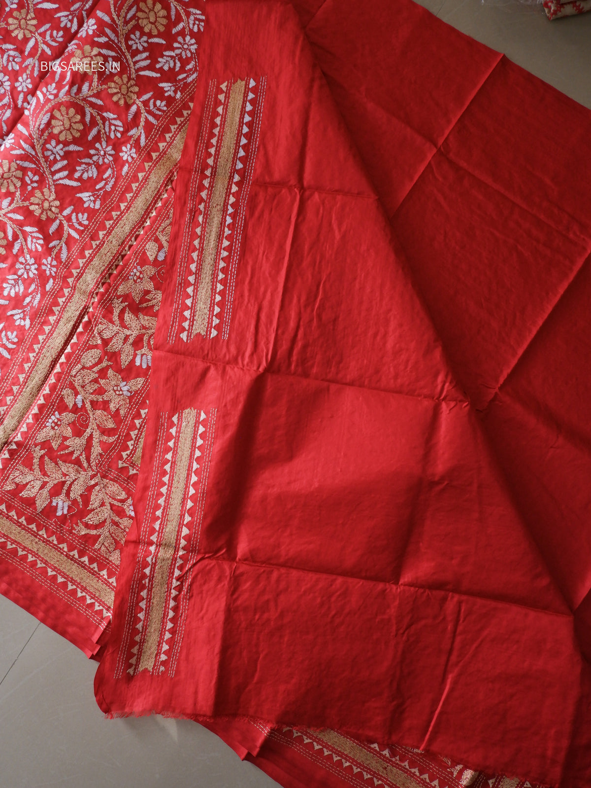 Kantha - Stitch Hand Embroidered Saree | Pure Bangalore Silk | Silk Mark Certified | Red