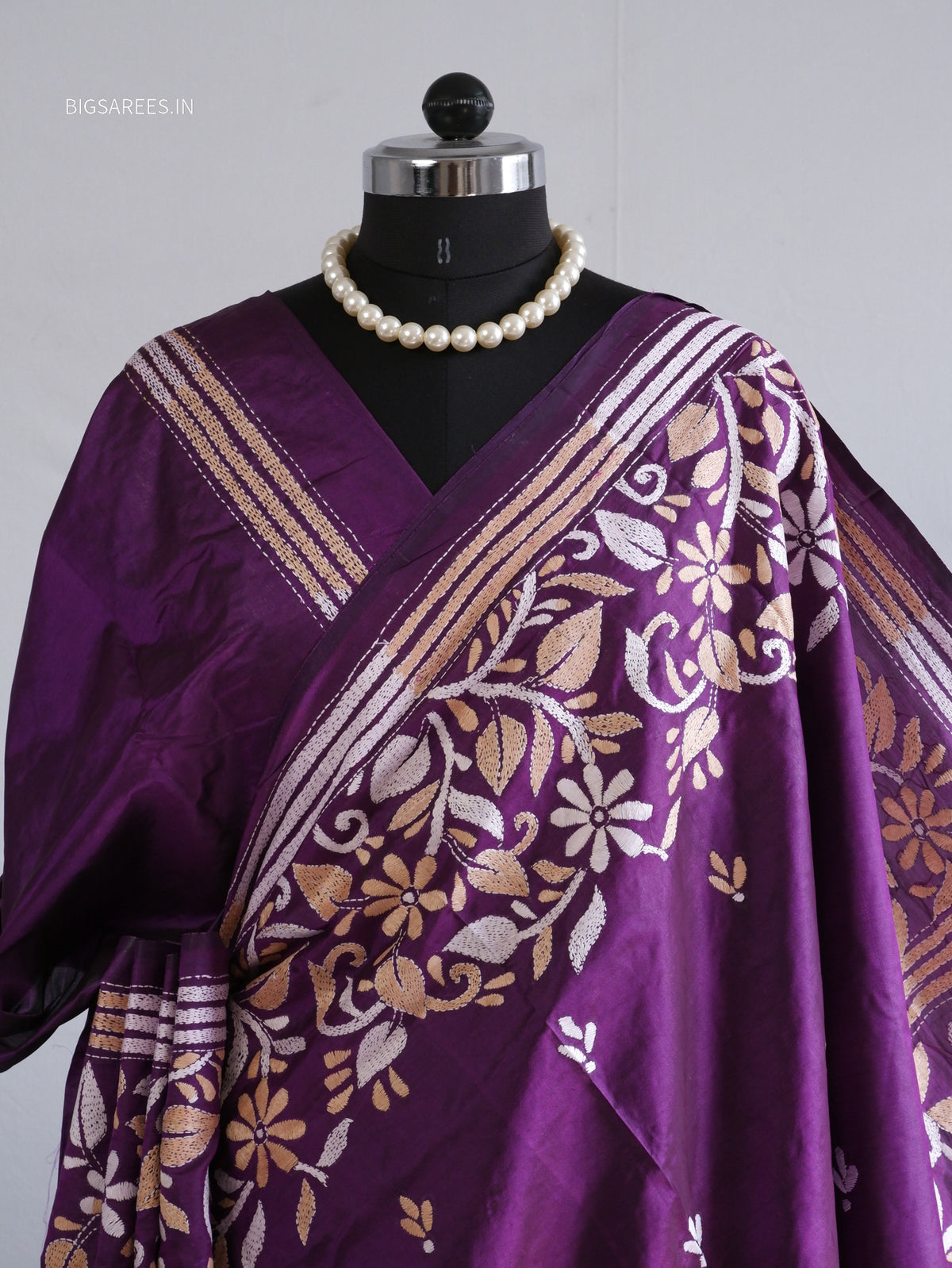 Kantha - Stitch Hand Embroidered Saree | Pure Bangalore Silk | Silk Mark Certified | Purple