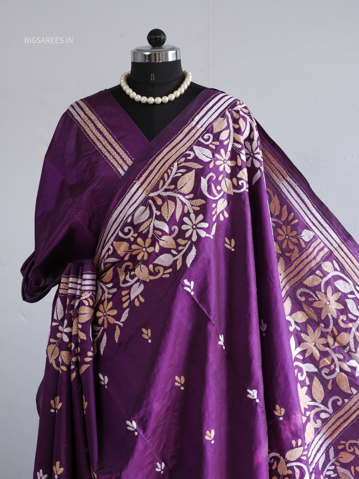 Kantha - Stitch Hand Embroidered Saree | Pure Bangalore Silk | Silk Mark Certified | Purple
