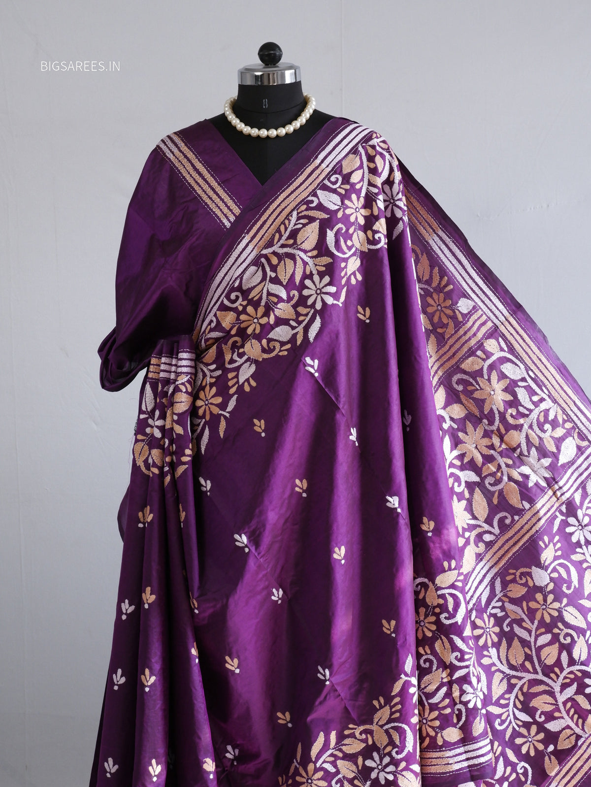 Kantha - Stitch Hand Embroidered Saree | Pure Bangalore Silk | Silk Mark Certified | Purple