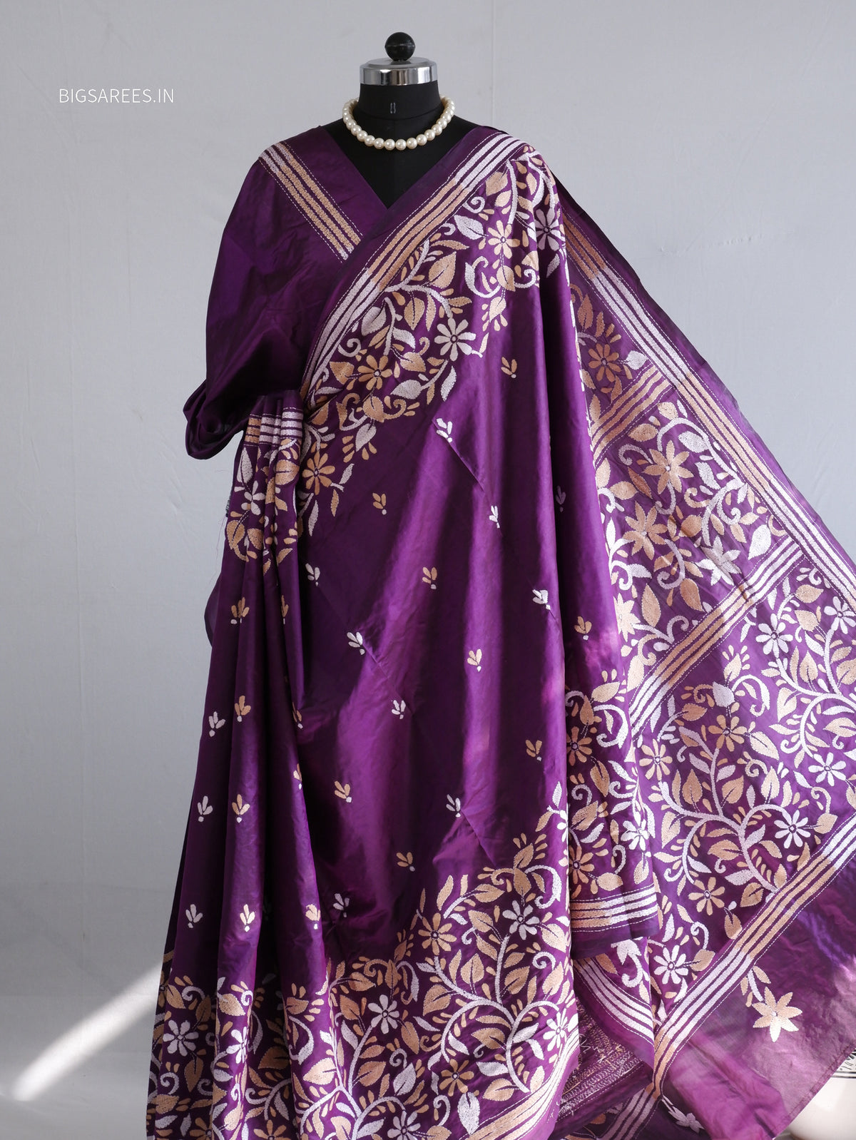 Kantha - Stitch Hand Embroidered Saree | Pure Bangalore Silk | Silk Mark Certified | Purple