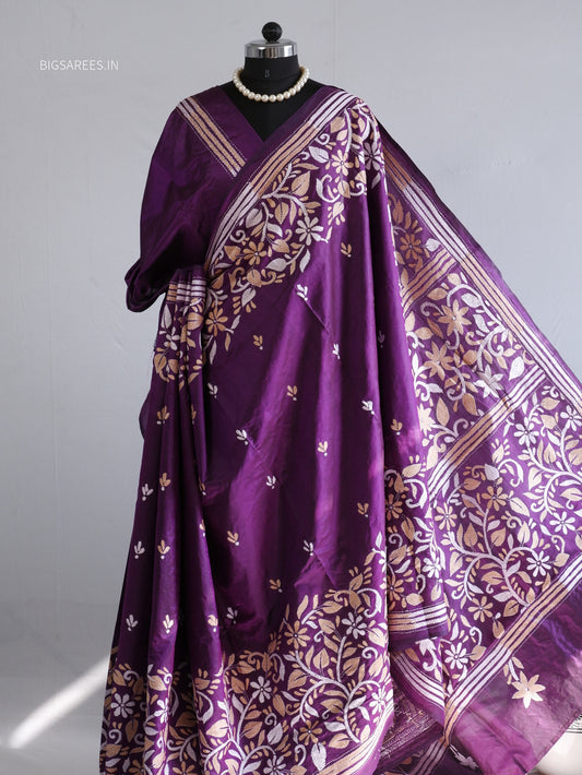 Kantha - Stitch Hand Embroidered Saree | Pure Bangalore Silk | Silk Mark Certified | Purple