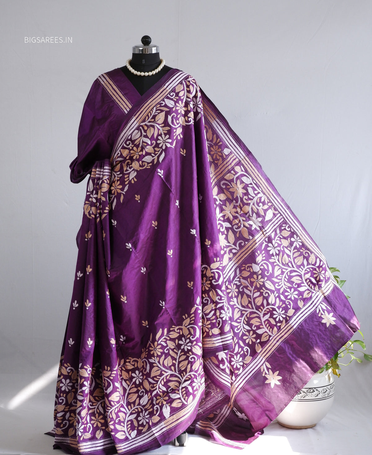 Kantha - Stitch Hand Embroidered Saree | Pure Bangalore Silk | Silk Mark Certified | Purple