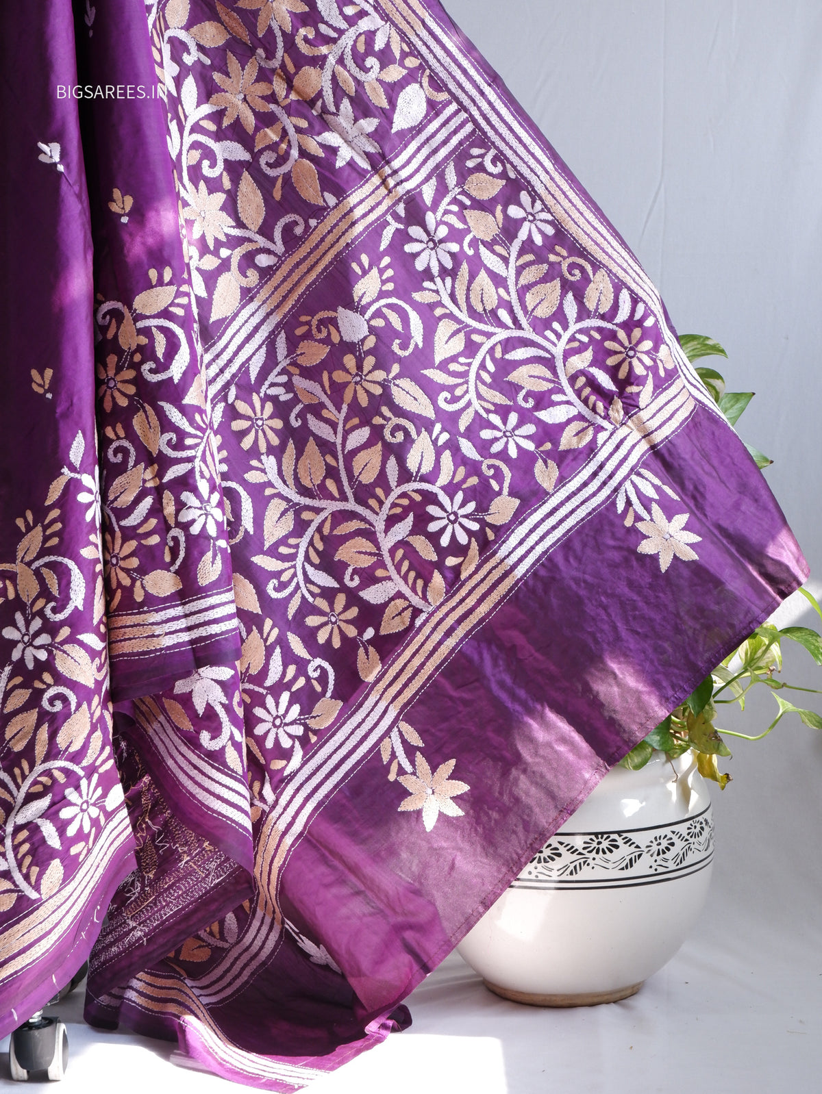 Kantha - Stitch Hand Embroidered Saree | Pure Bangalore Silk | Silk Mark Certified | Purple