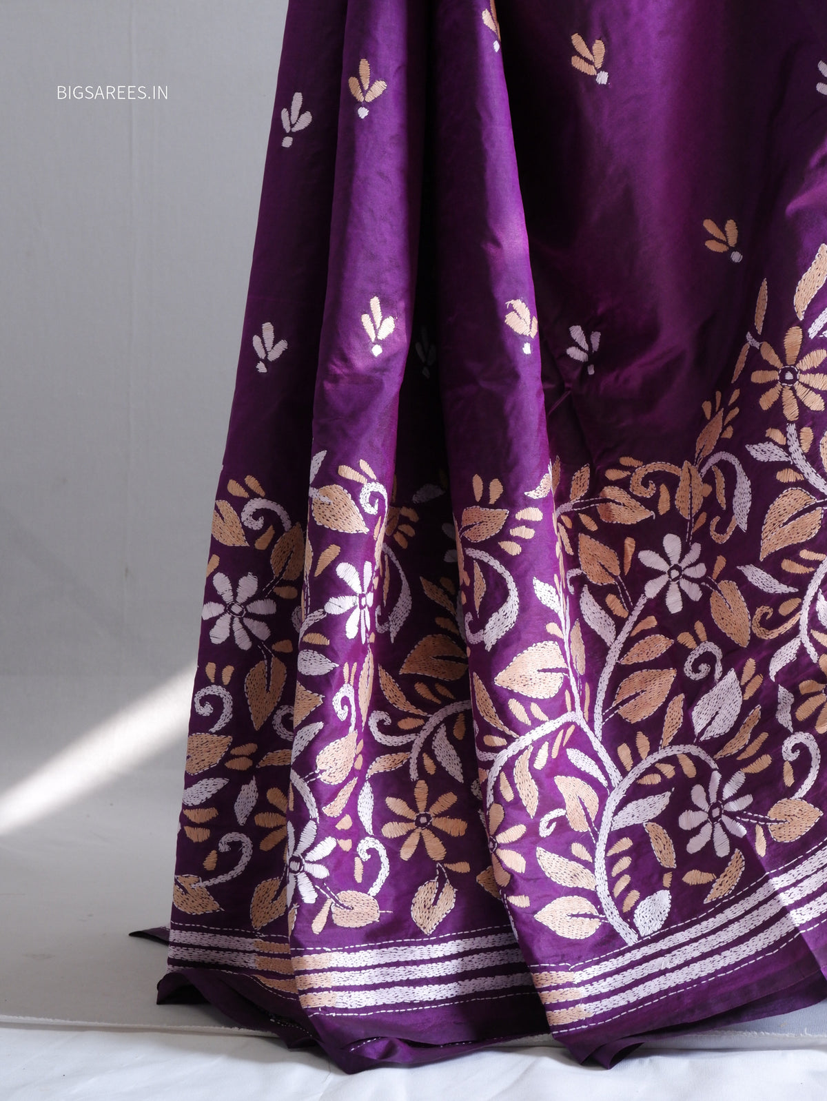 Kantha - Stitch Hand Embroidered Saree | Pure Bangalore Silk | Silk Mark Certified | Purple