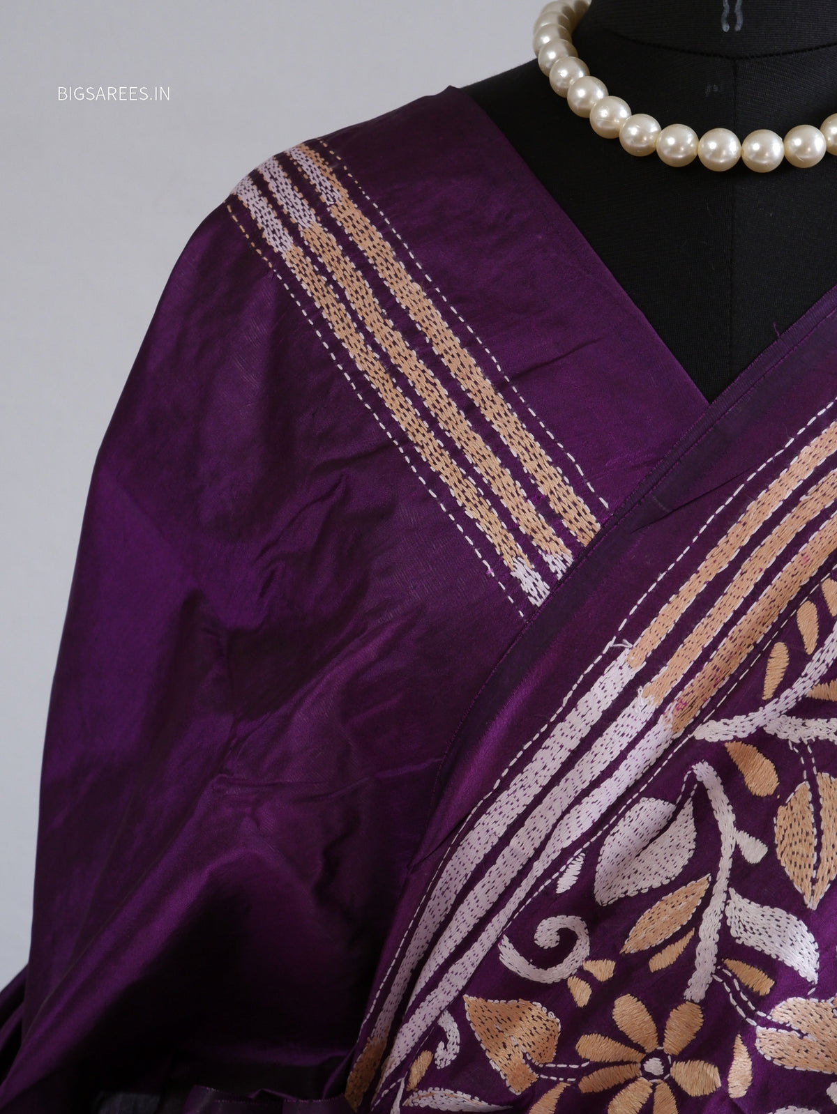 Kantha - Stitch Hand Embroidered Saree | Pure Bangalore Silk | Silk Mark Certified | Purple