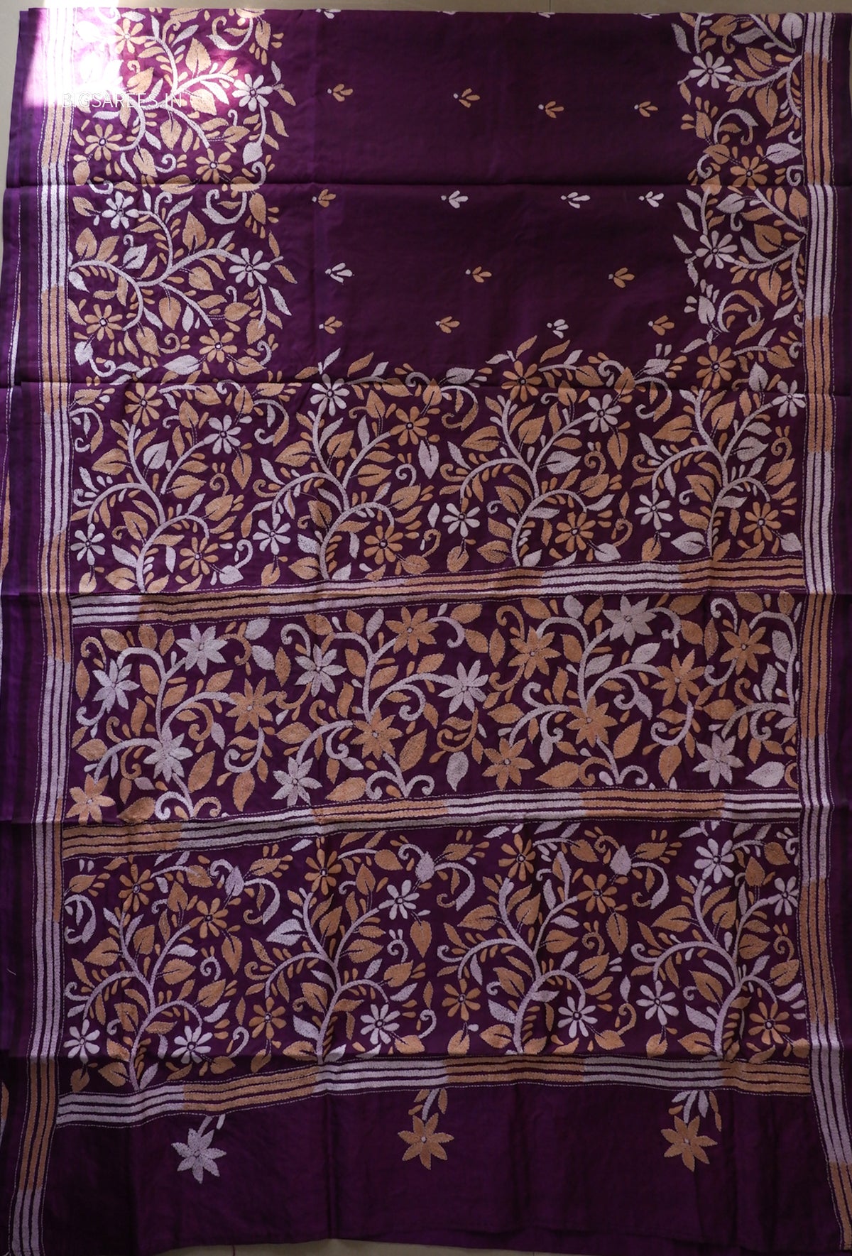 Kantha - Stitch Hand Embroidered Saree | Pure Bangalore Silk | Silk Mark Certified | Purple