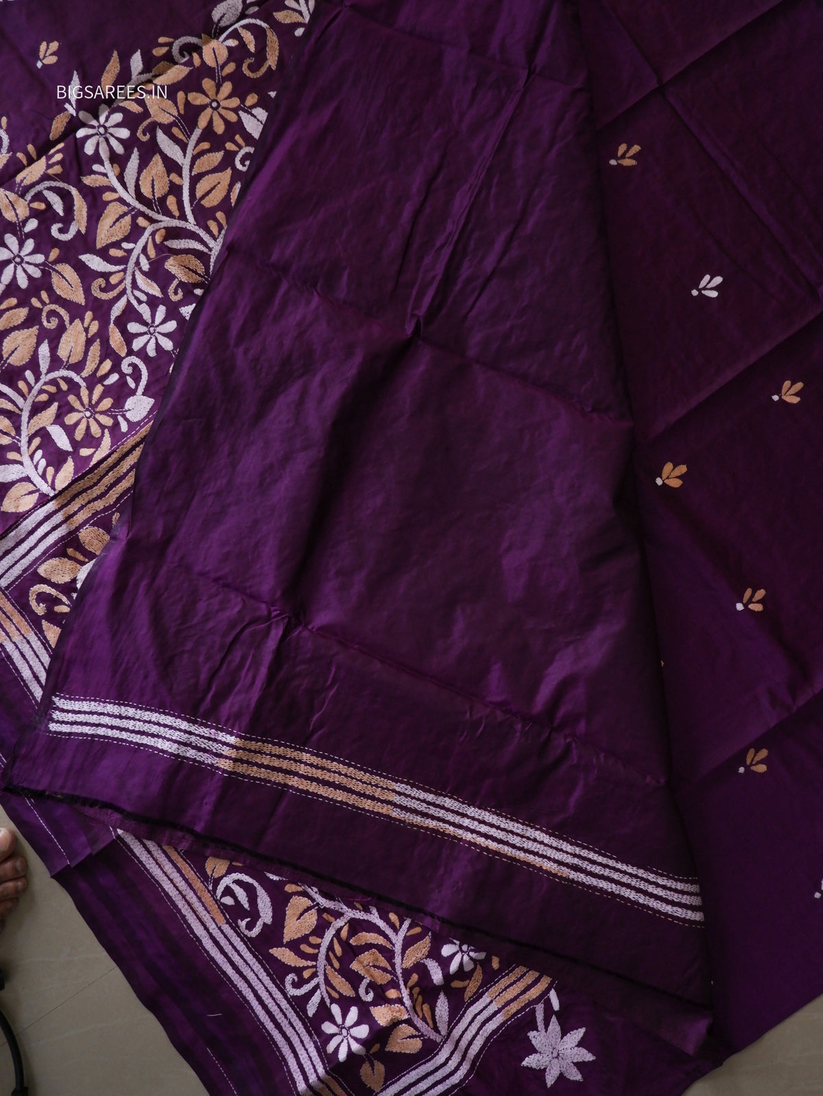 Kantha - Stitch Hand Embroidered Saree | Pure Bangalore Silk | Silk Mark Certified | Purple