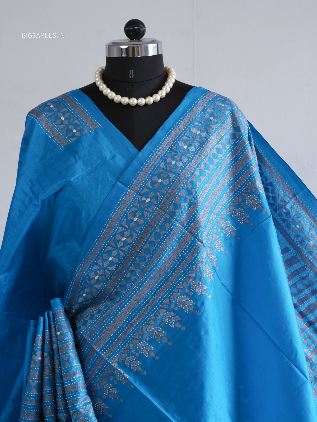 Kantha - Stitch Hand Embroidered Saree | Pure Bangalore Silk | Silk Mark Certified | Blue