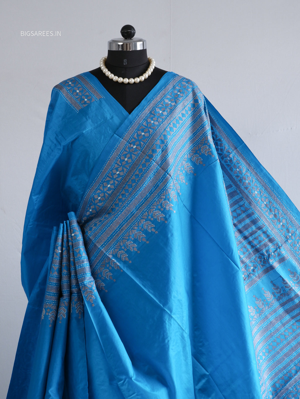 Kantha - Stitch Hand Embroidered Saree | Pure Bangalore Silk | Silk Mark Certified | Blue