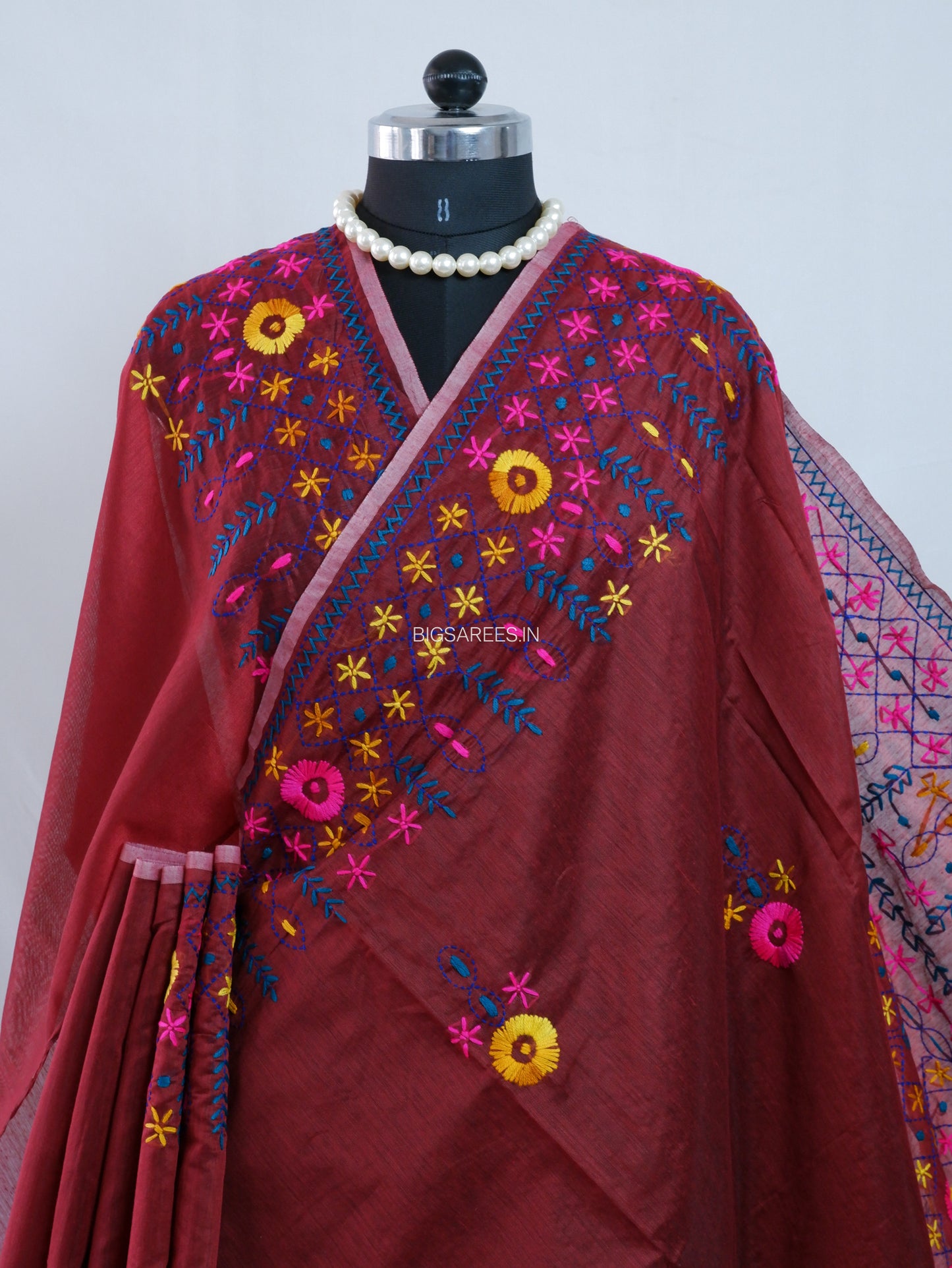 Phulkari Hand-Embroidered Saree | Chanderi Silk | Dark Red
