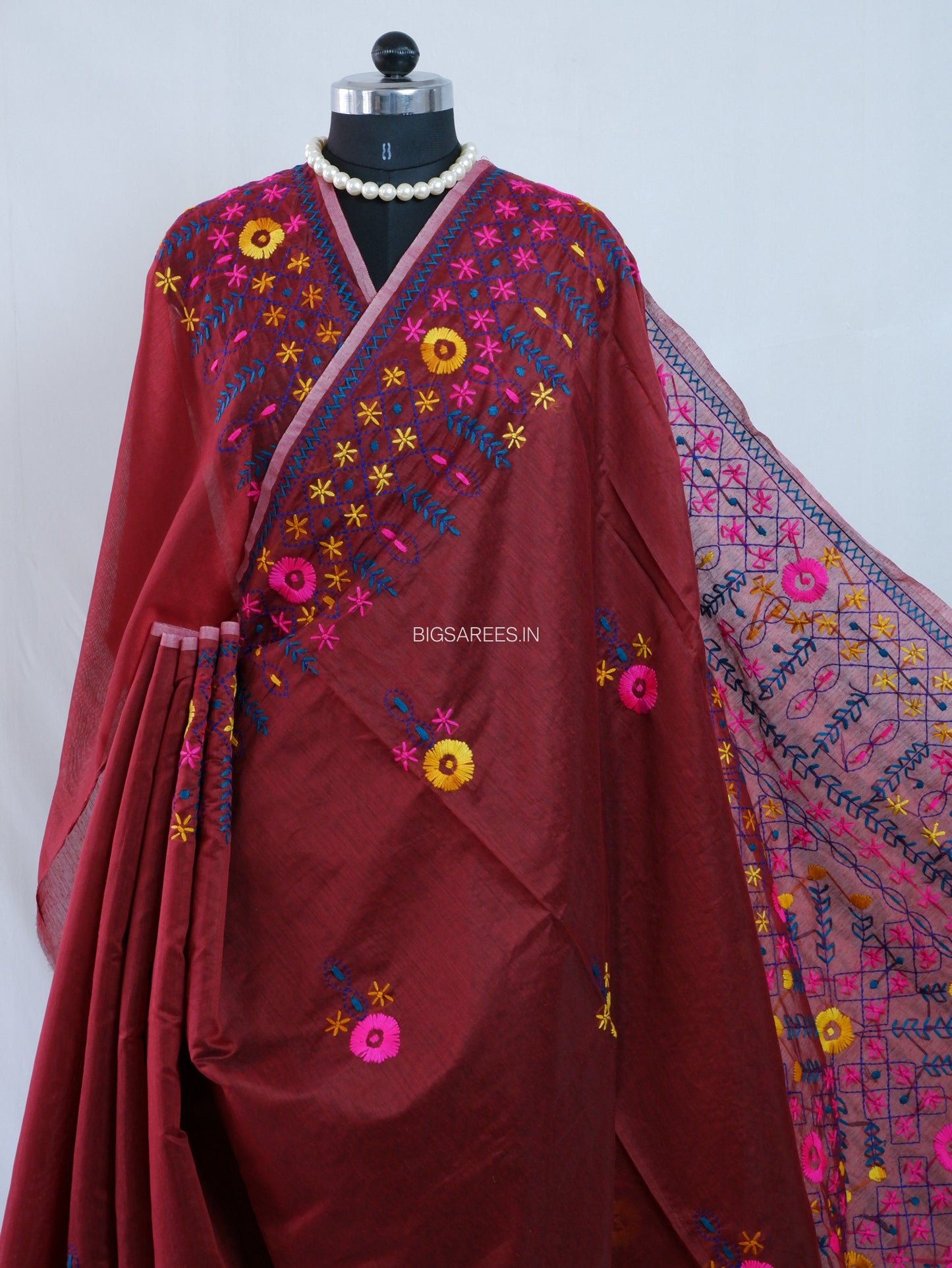 Phulkari Hand-Embroidered Saree | Chanderi Silk | Dark Red