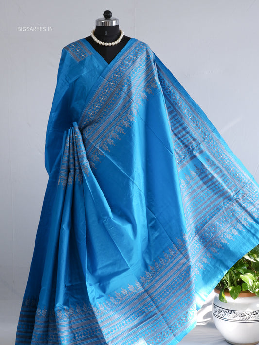 Kantha - Stitch Hand Embroidered Saree | Pure Bangalore Silk | Silk Mark Certified | Blue
