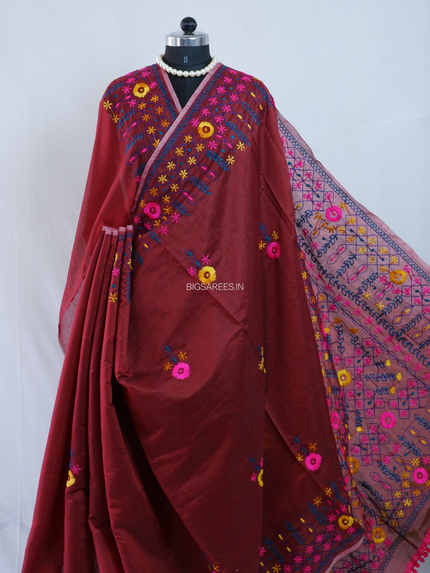 Phulkari Hand-Embroidered Saree | Chanderi Silk | Dark Red