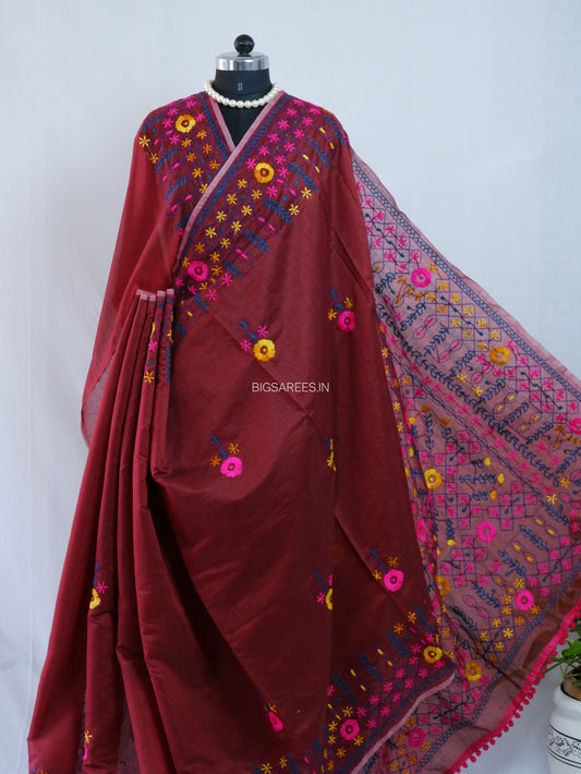 Phulkari Hand-Embroidered Saree | Chanderi Silk | Dark Red
