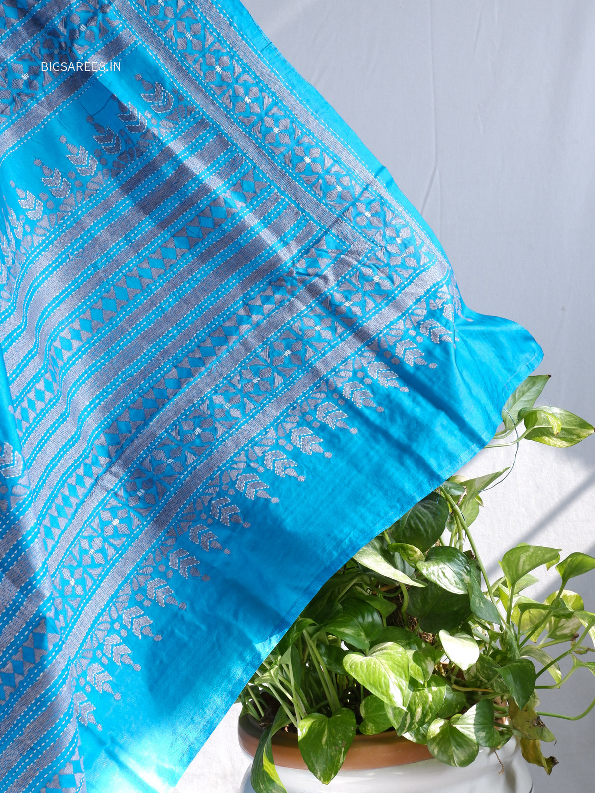 Kantha - Stitch Hand Embroidered Saree | Pure Bangalore Silk | Silk Mark Certified | Blue