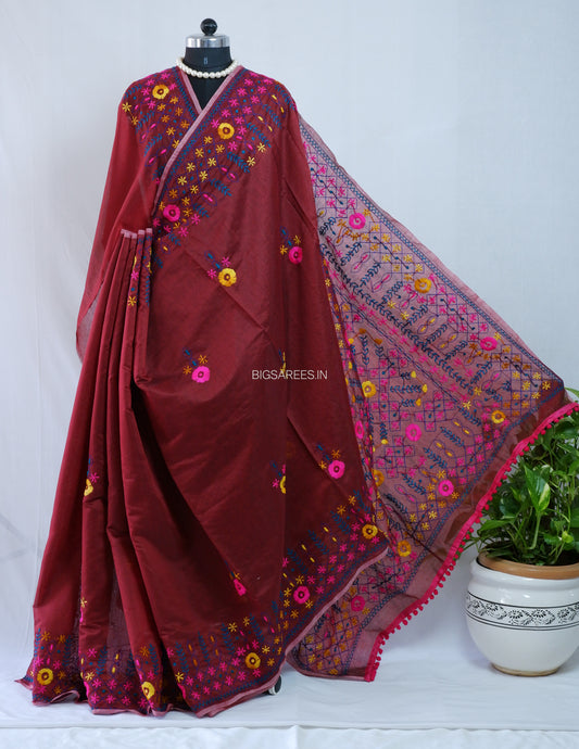 Phulkari Hand-Embroidered Saree | Chanderi Silk | Dark Red