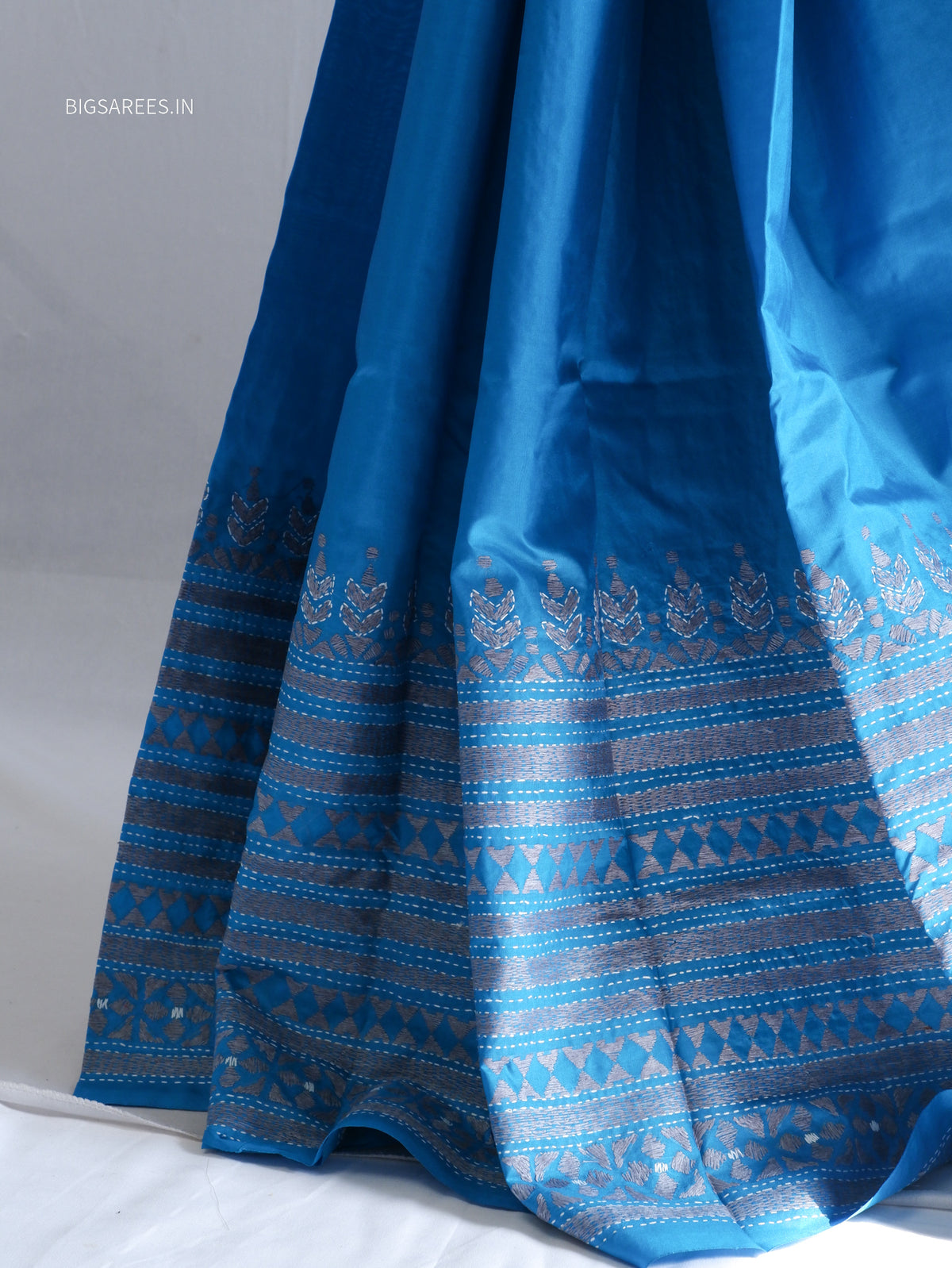 Kantha - Stitch Hand Embroidered Saree | Pure Bangalore Silk | Silk Mark Certified | Blue