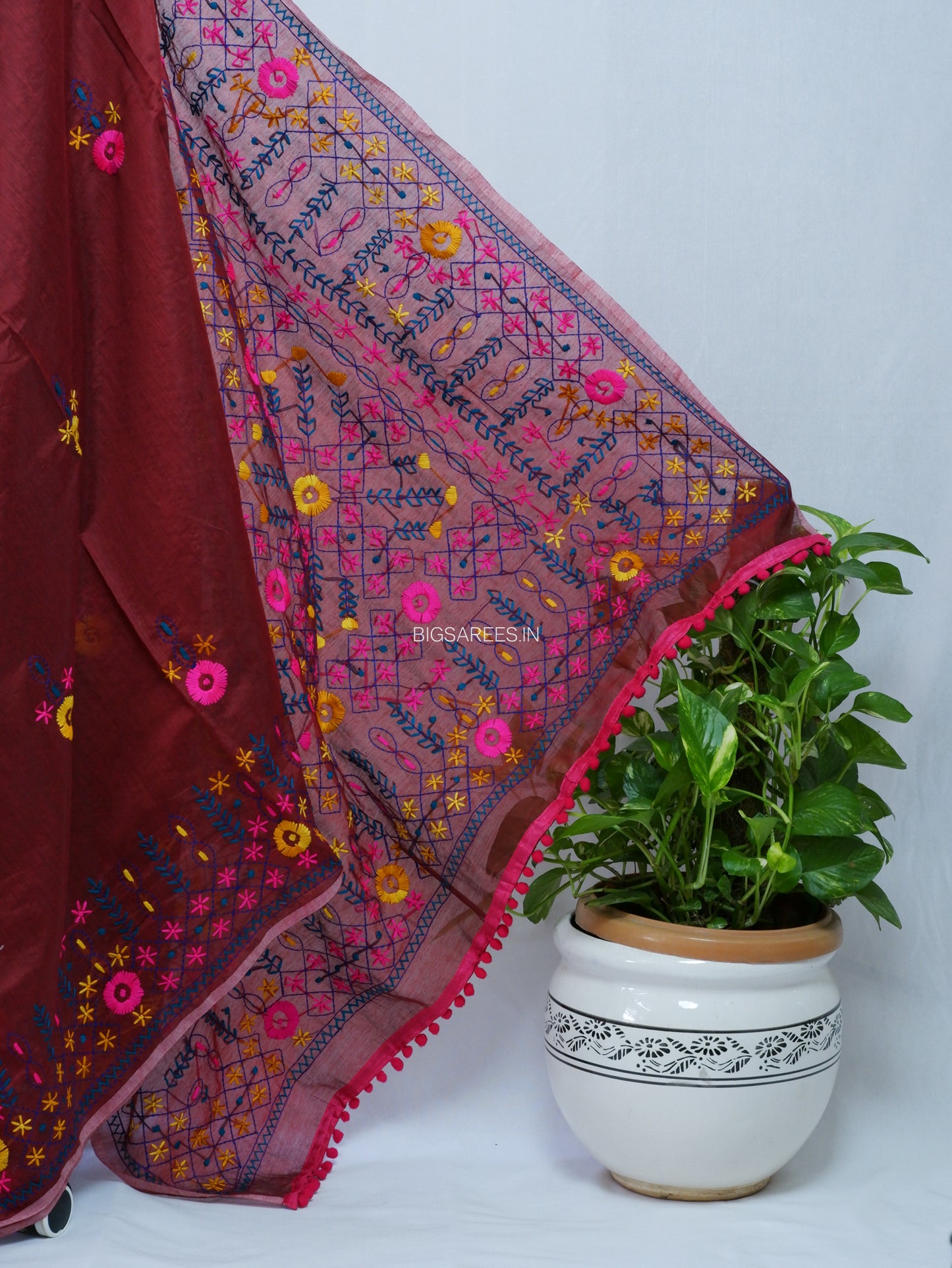 Phulkari Hand-Embroidered Saree | Chanderi Silk | Dark Red