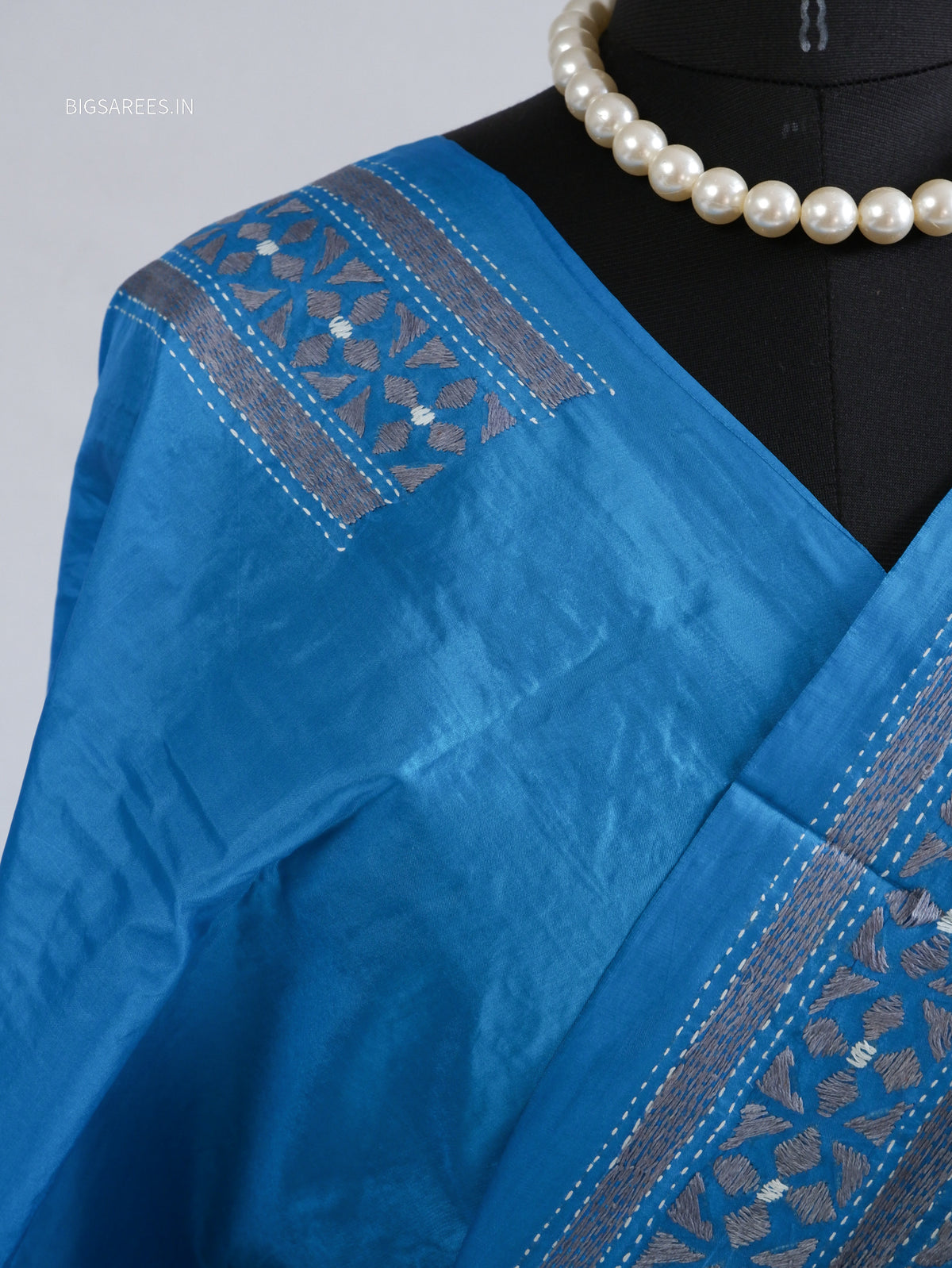 Kantha - Stitch Hand Embroidered Saree | Pure Bangalore Silk | Silk Mark Certified | Blue