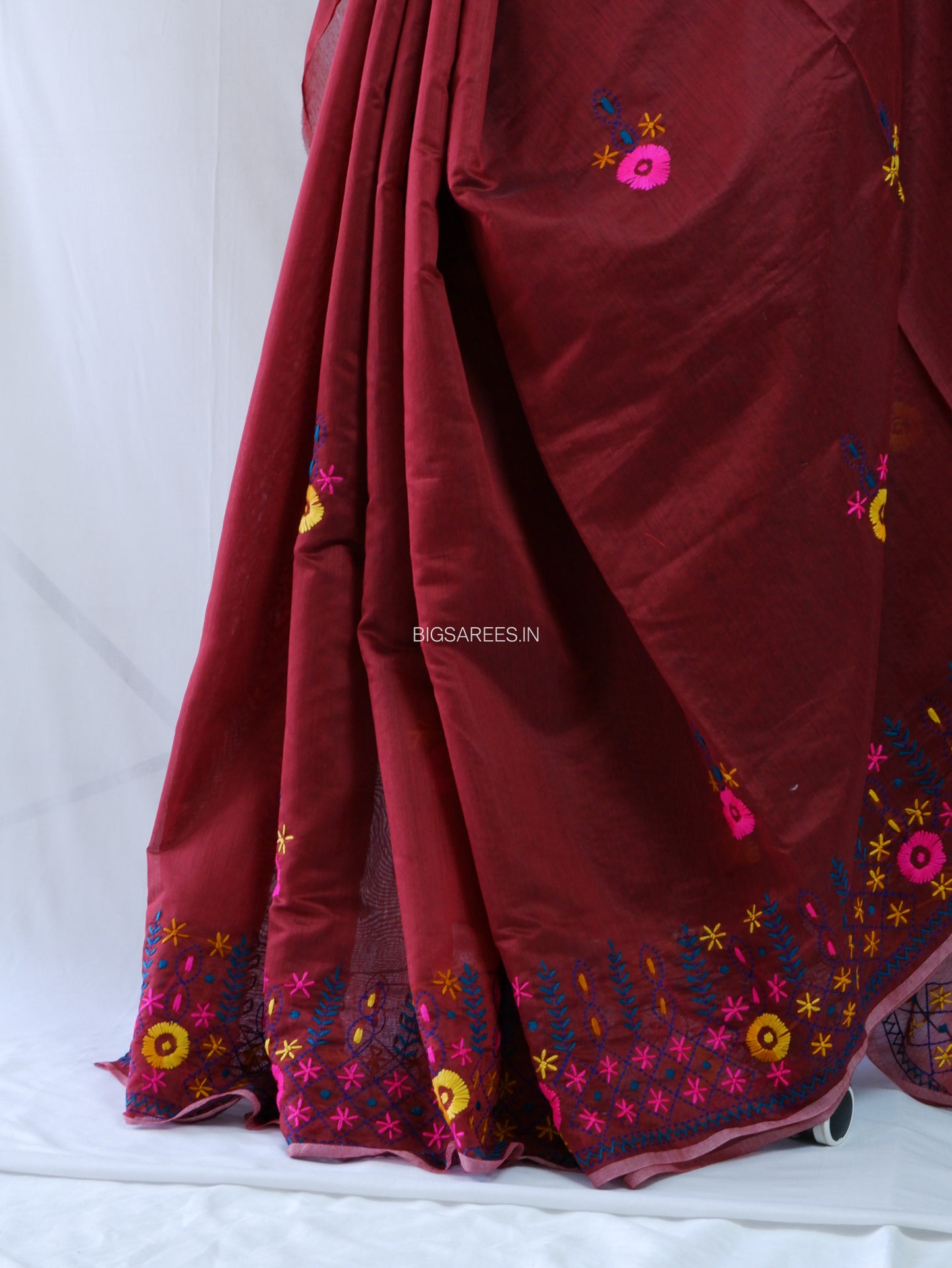 Phulkari Hand-Embroidered Saree | Chanderi Silk | Dark Red