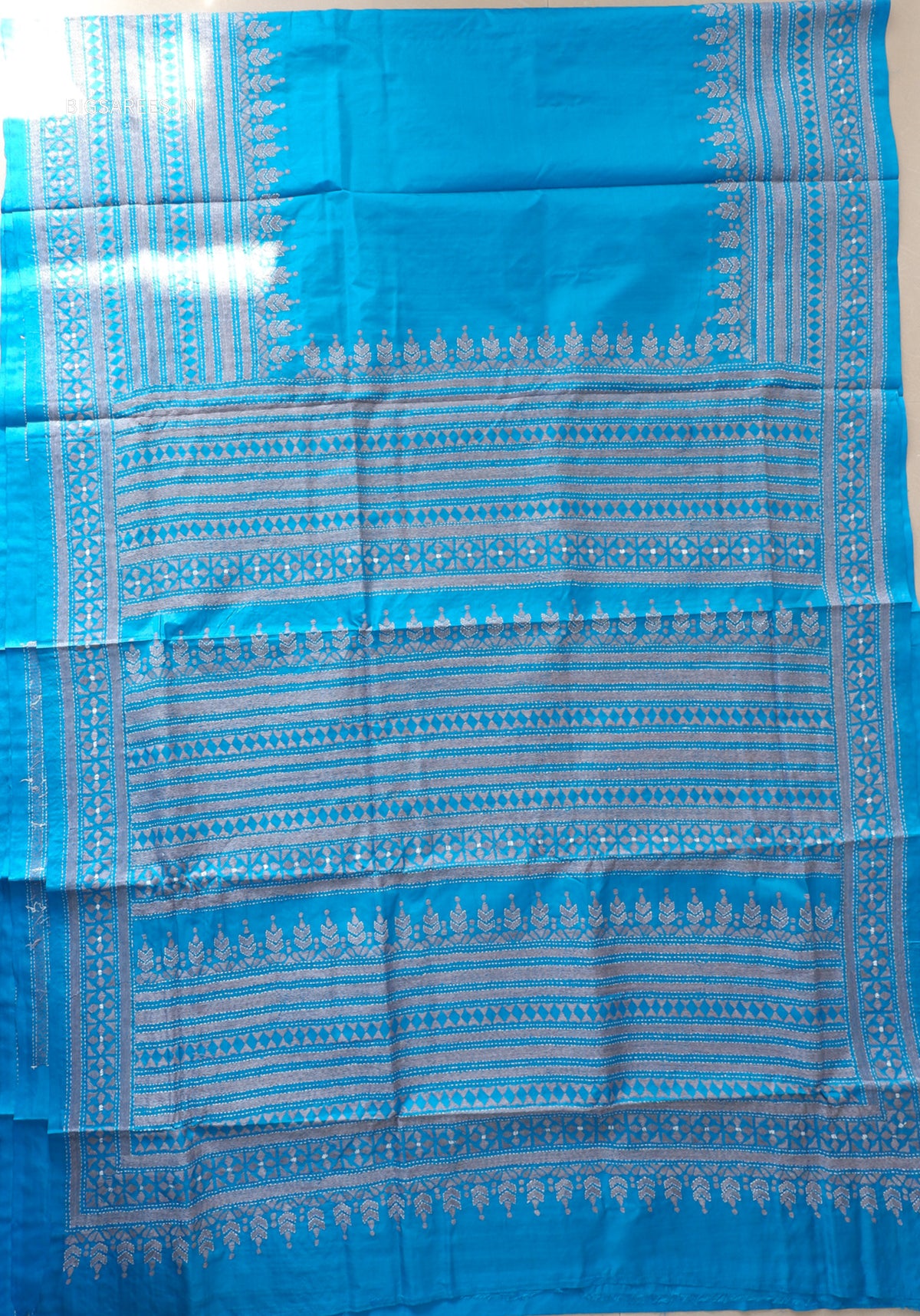 Kantha - Stitch Hand Embroidered Saree | Pure Bangalore Silk | Silk Mark Certified | Blue