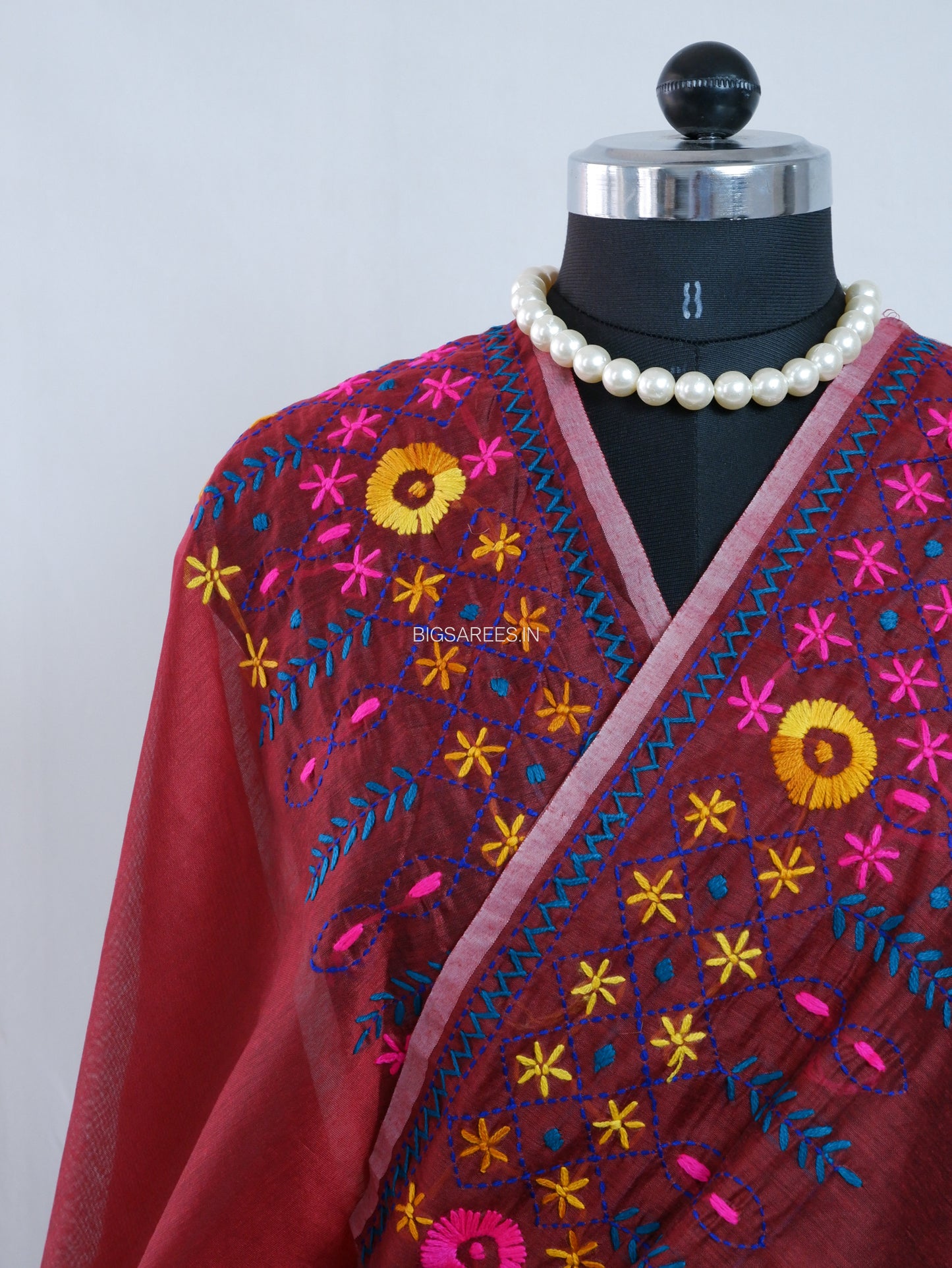 Phulkari Hand-Embroidered Saree | Chanderi Silk | Dark Red