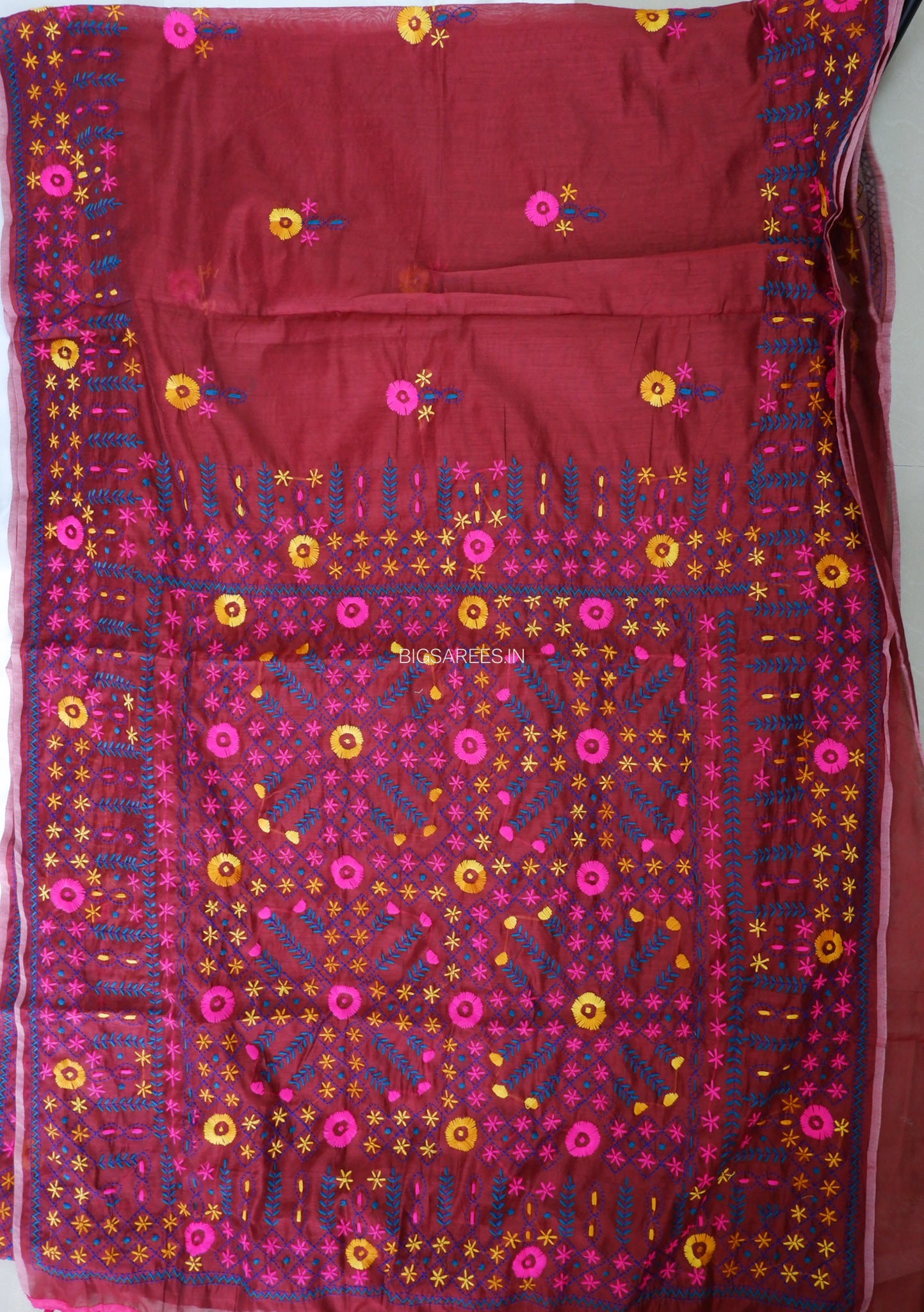 Phulkari Hand-Embroidered Saree | Chanderi Silk | Dark Red