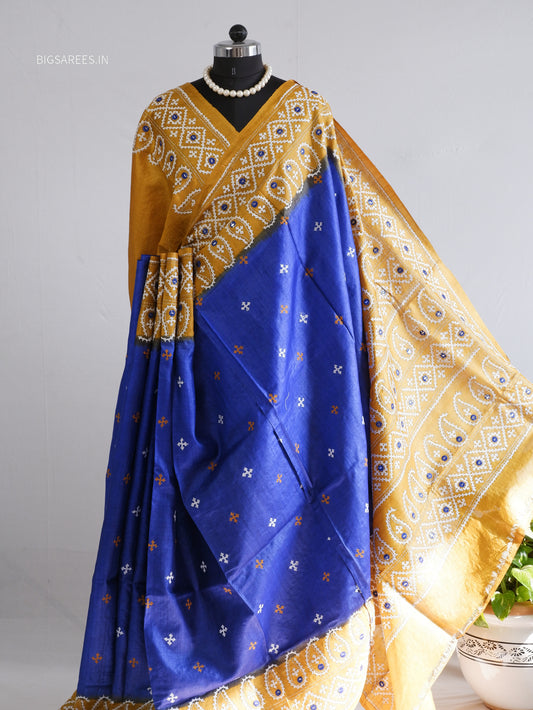 Kutchi Hand Embroidered Saree | Pure Gachi by Gachi Tassar Silk | Silk Marked | Blue & Gold Yellow