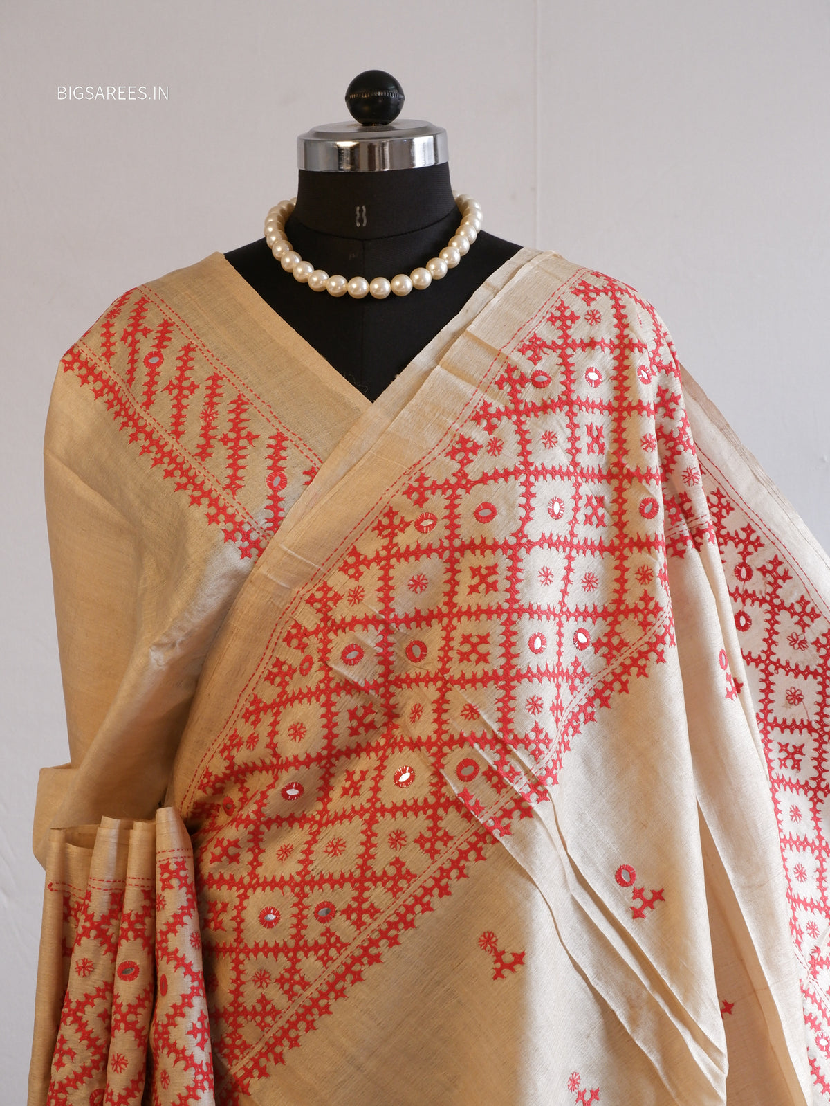 Kutchi Hand Embroidered Saree | Pure Gachi by Gachi Tassar Silk | Silk Marked | Off- White