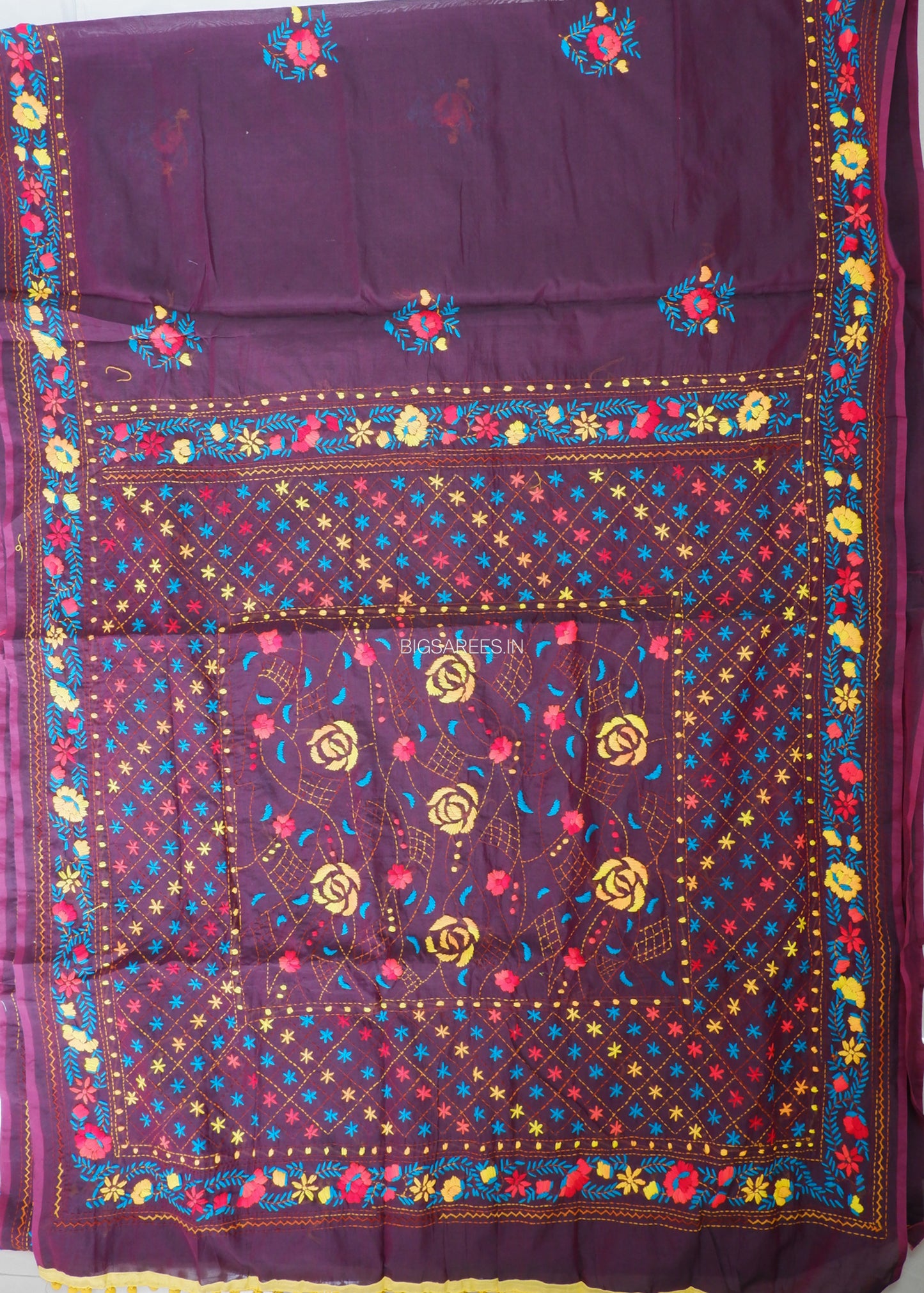Phulkari Hand-Embroidered Saree | Chanderi Silk | Purple