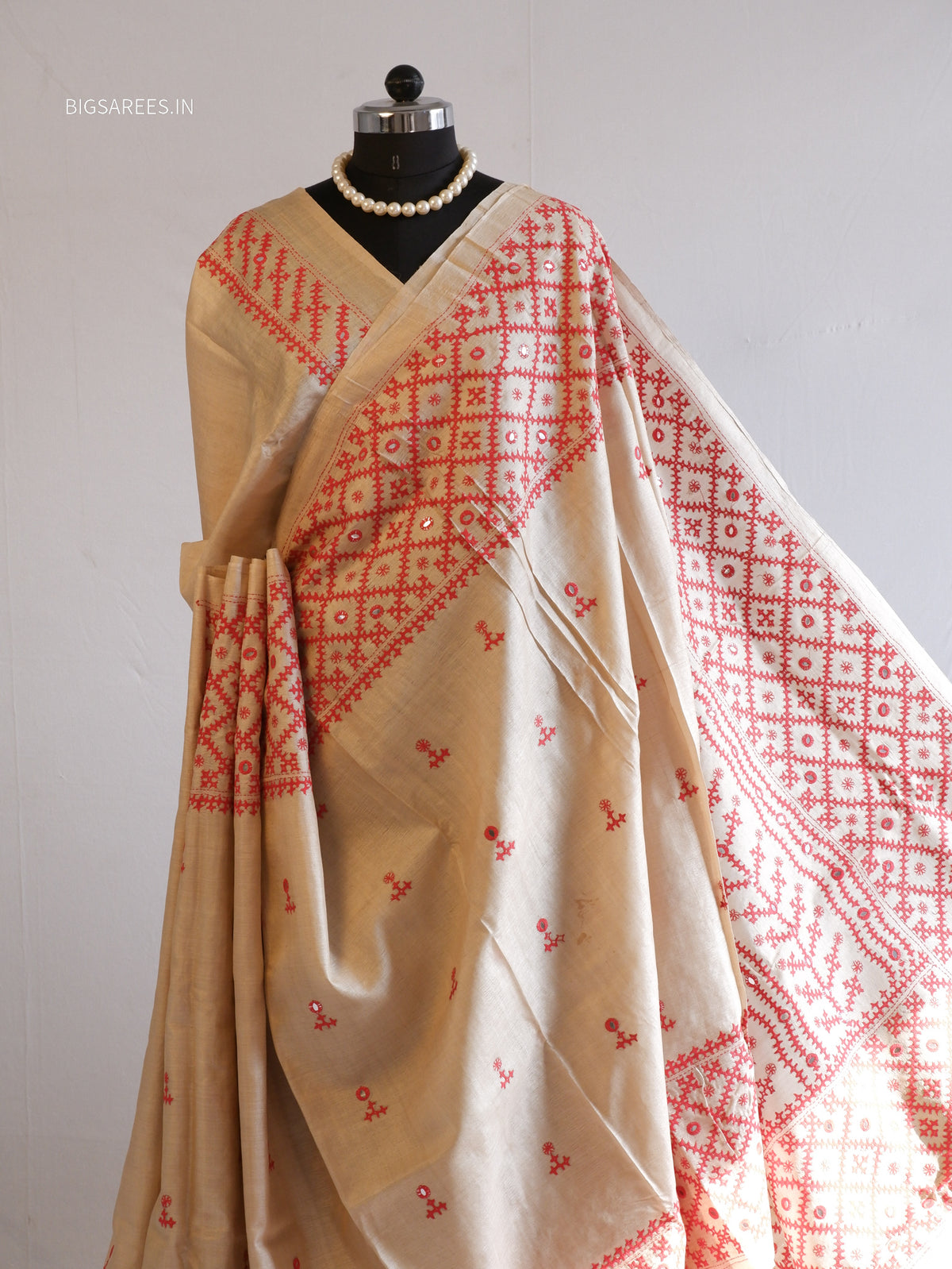 Kutchi Hand Embroidered Saree | Pure Gachi by Gachi Tassar Silk | Silk Marked | Off- White