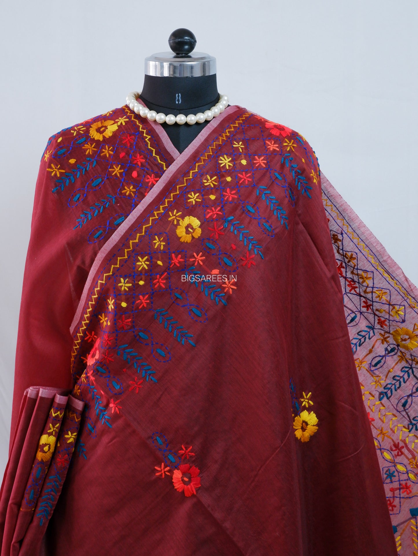 Phulkari Hand-Embroidered Saree | Chanderi Silk | Maroon