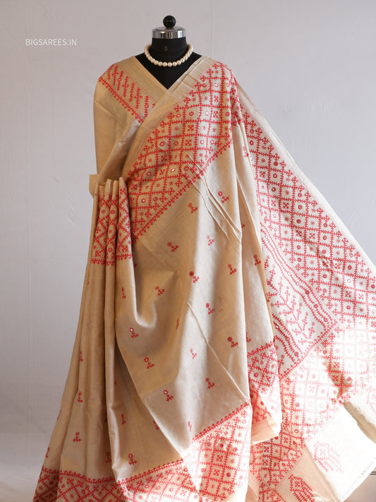 Kutchi Hand Embroidered Saree | Pure Gachi by Gachi Tassar Silk | Silk Marked | Off- White