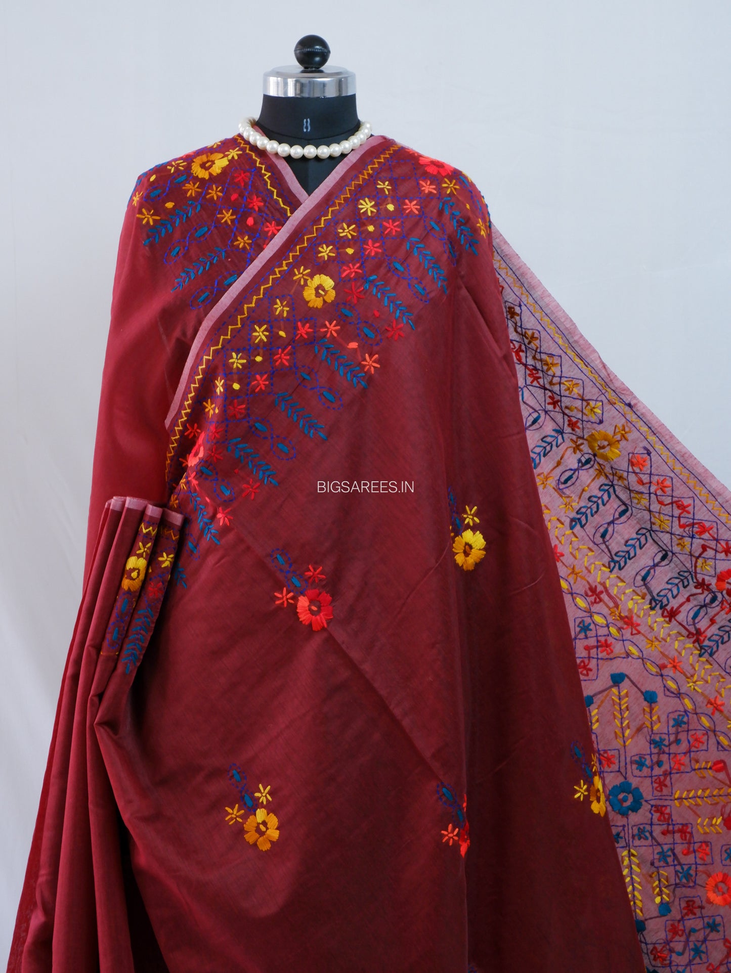 Phulkari Hand-Embroidered Saree | Chanderi Silk | Maroon