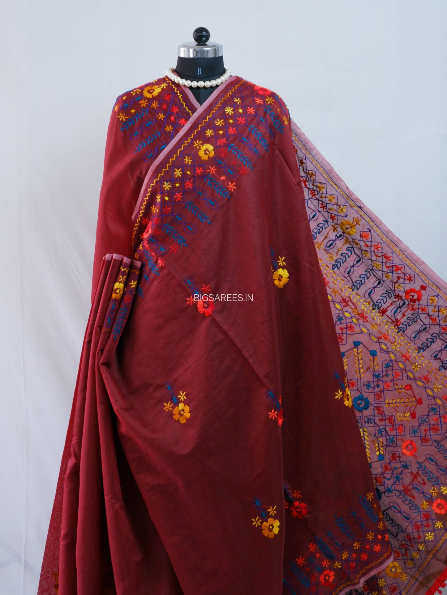 Phulkari Hand-Embroidered Saree | Chanderi Silk | Maroon