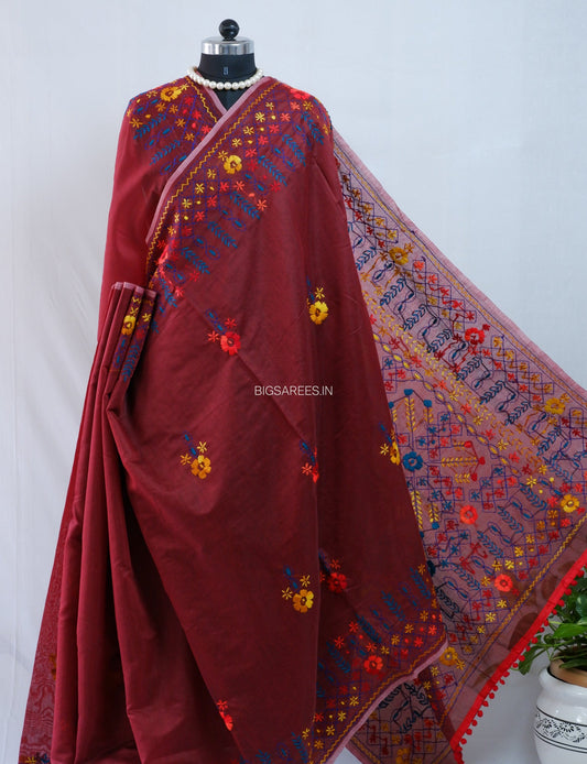Phulkari Hand-Embroidered Saree | Chanderi Silk | Maroon