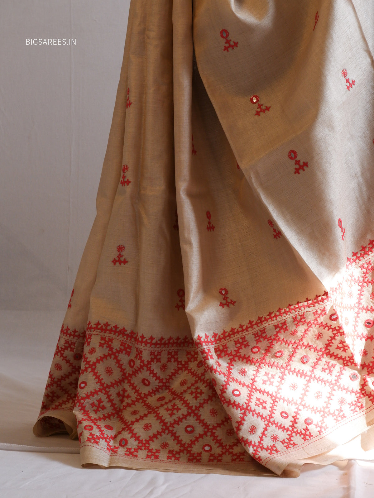 Kutchi Hand Embroidered Saree | Pure Gachi by Gachi Tassar Silk | Silk Marked | Off- White