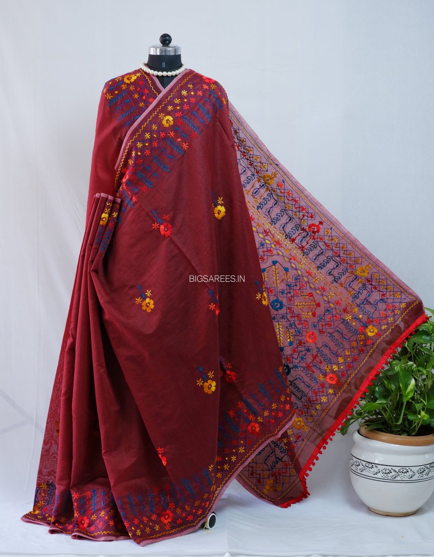 Phulkari Hand-Embroidered Saree | Chanderi Silk | Maroon