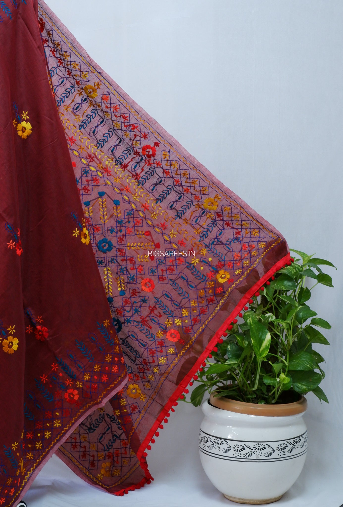 Phulkari Hand-Embroidered Saree | Chanderi Silk | Maroon