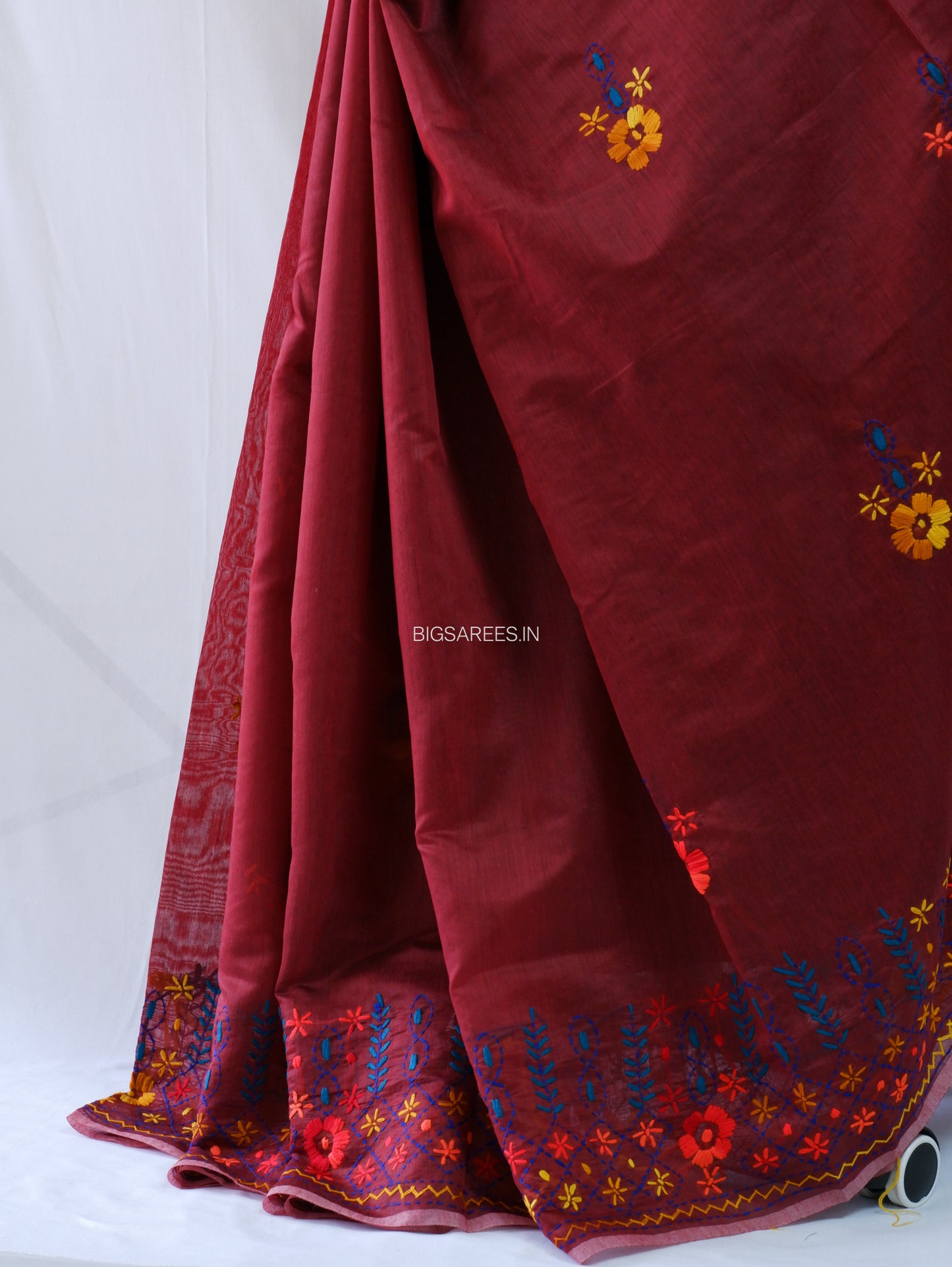 Phulkari Hand-Embroidered Saree | Chanderi Silk | Maroon