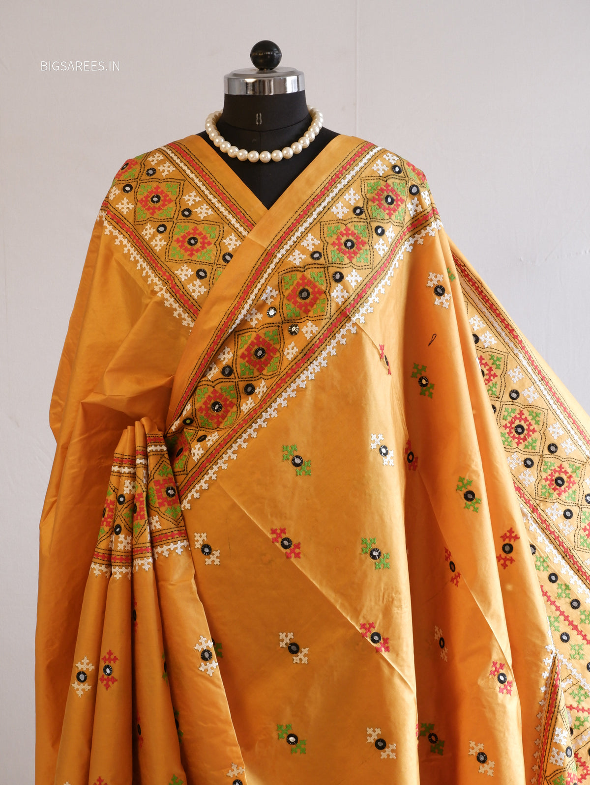 Kutch Hand Embroidered Saree| Pure Bangalore Silk | Yellow