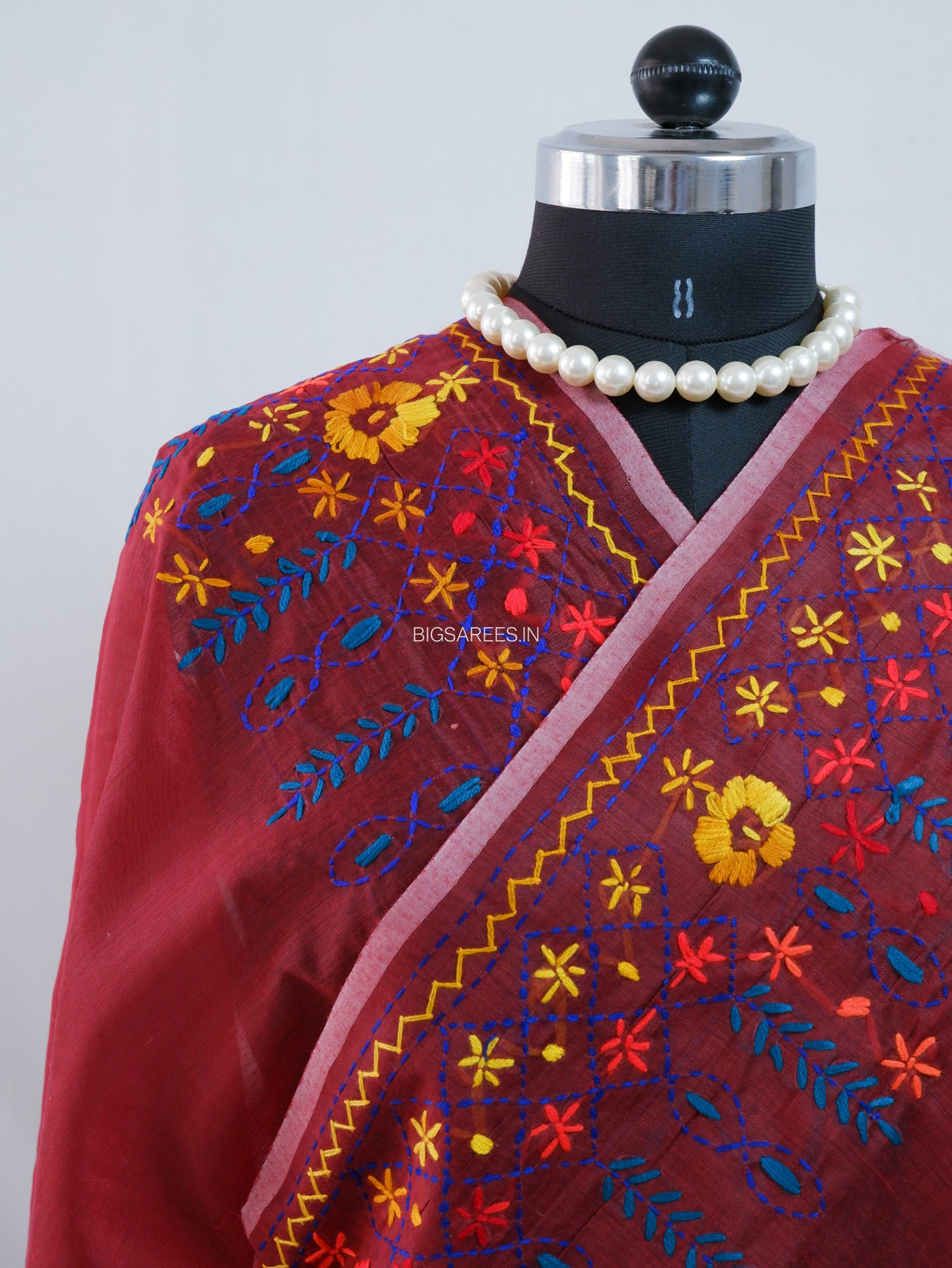Phulkari Hand-Embroidered Saree | Chanderi Silk | Maroon