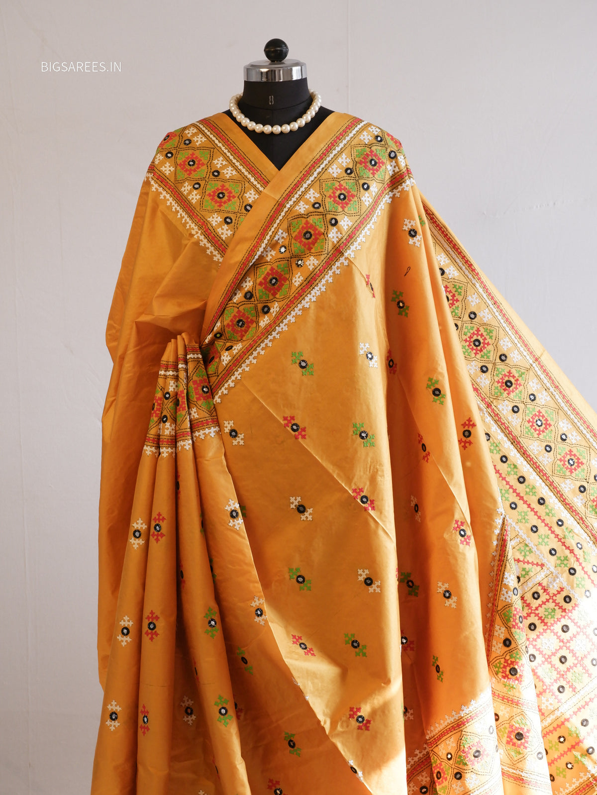 Kutch Hand Embroidered Saree| Pure Bangalore Silk | Yellow
